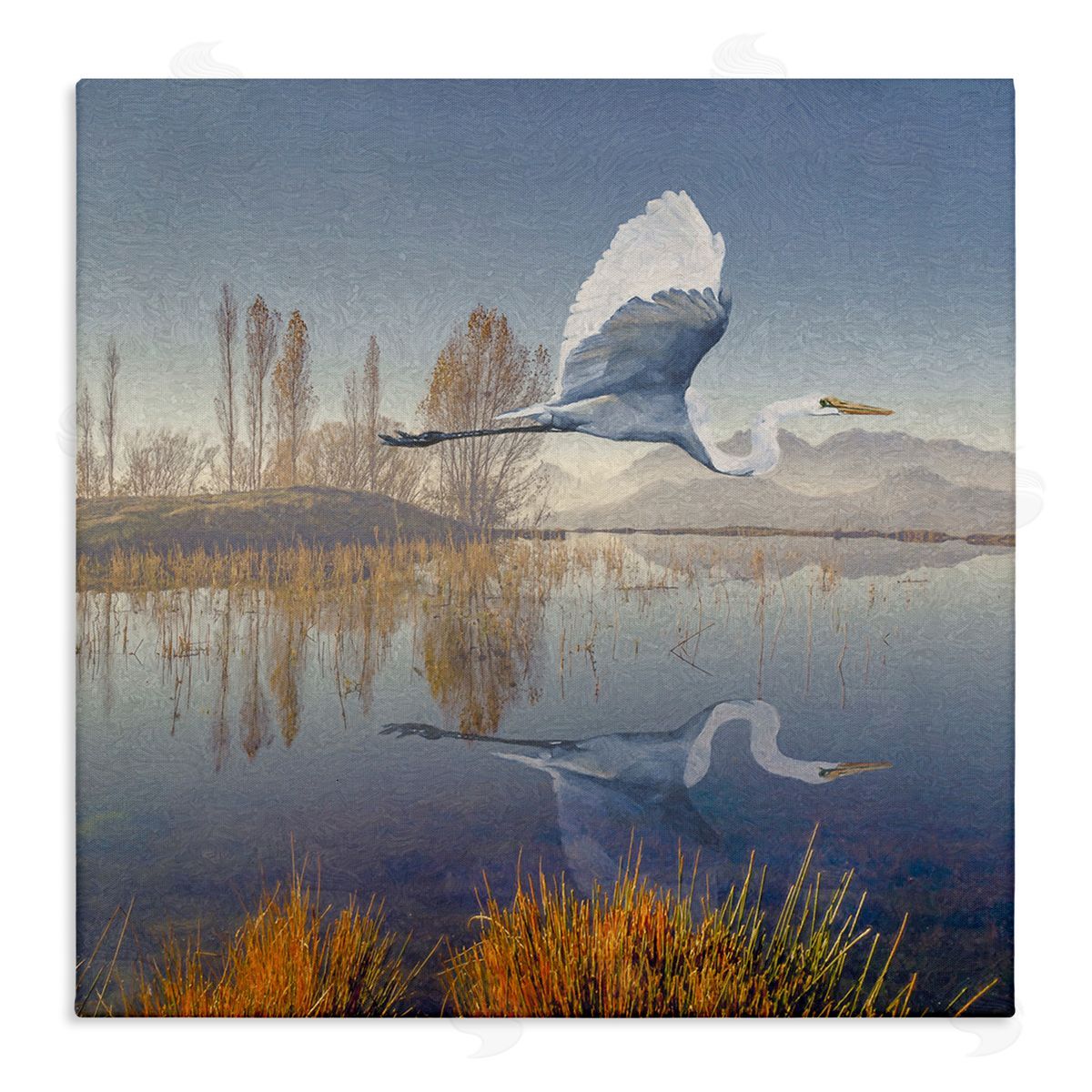 Steve Hunziker Heron Flying Lake Reflection Stretched Canvas Wall Art Print