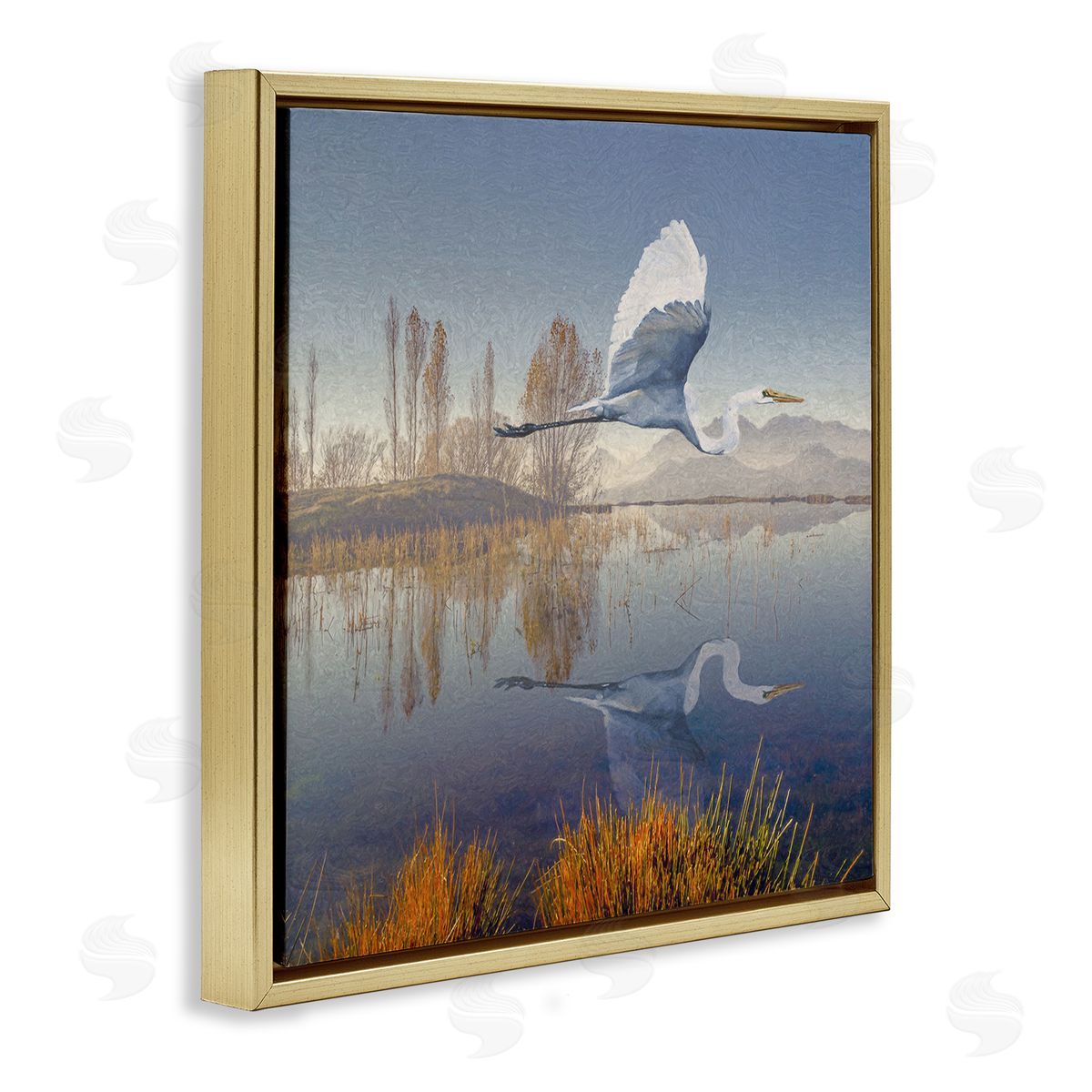 Steve Hunziker Heron Flying Lake Reflection Gold Floating Frame Canvas Wall Art Print