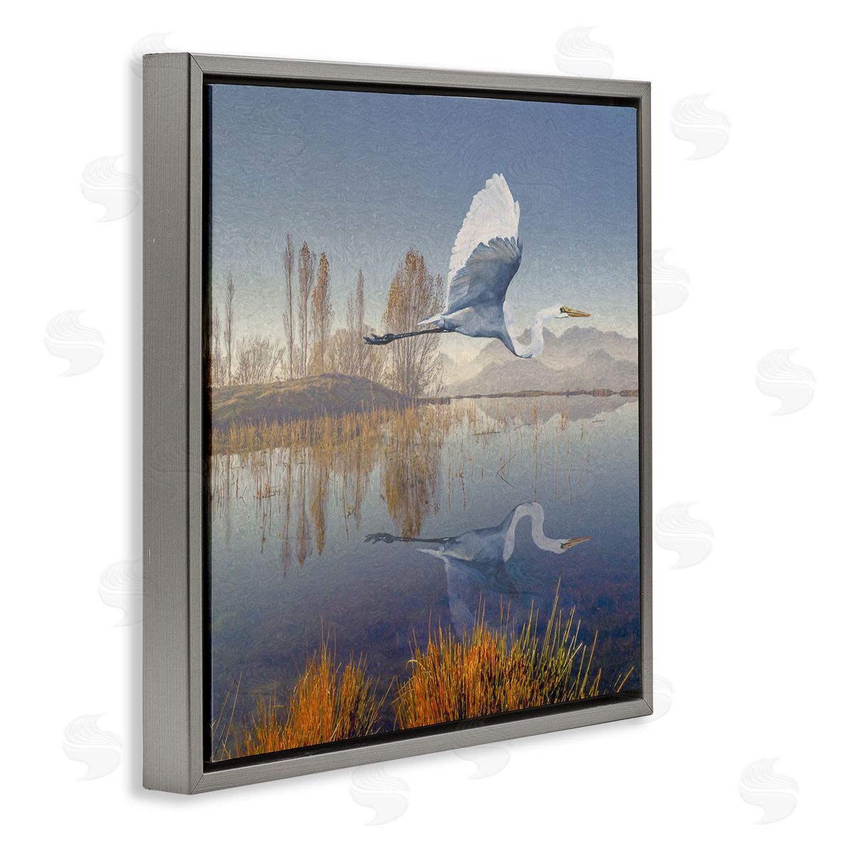 Steve Hunziker Heron Flying Lake Reflection Gray Floating Frame Canvas Wall Art Print