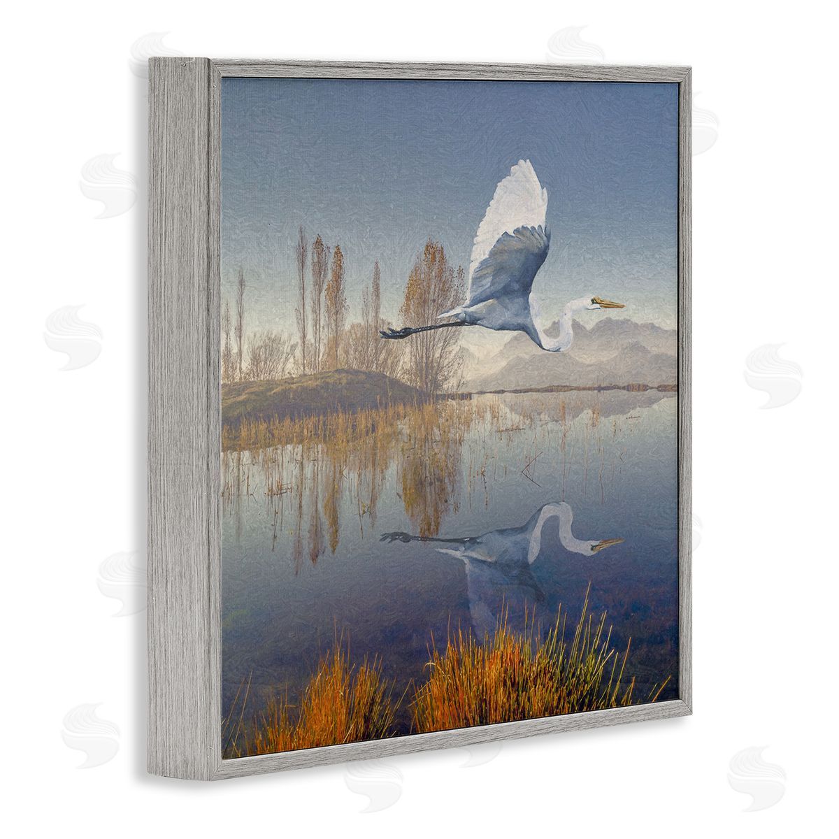 Steve Hunziker Heron Flying Lake Reflection Gray Framed Glicee Wall Art Print