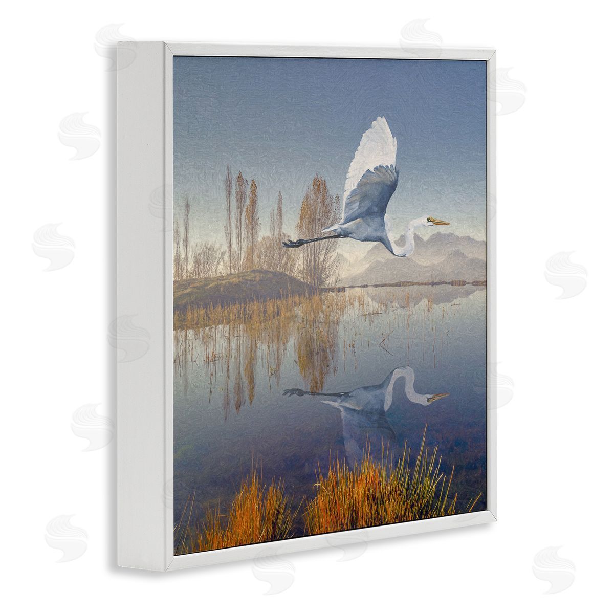 Steve Hunziker Heron Flying Lake Reflection White Framed Glicee Wall Art Print