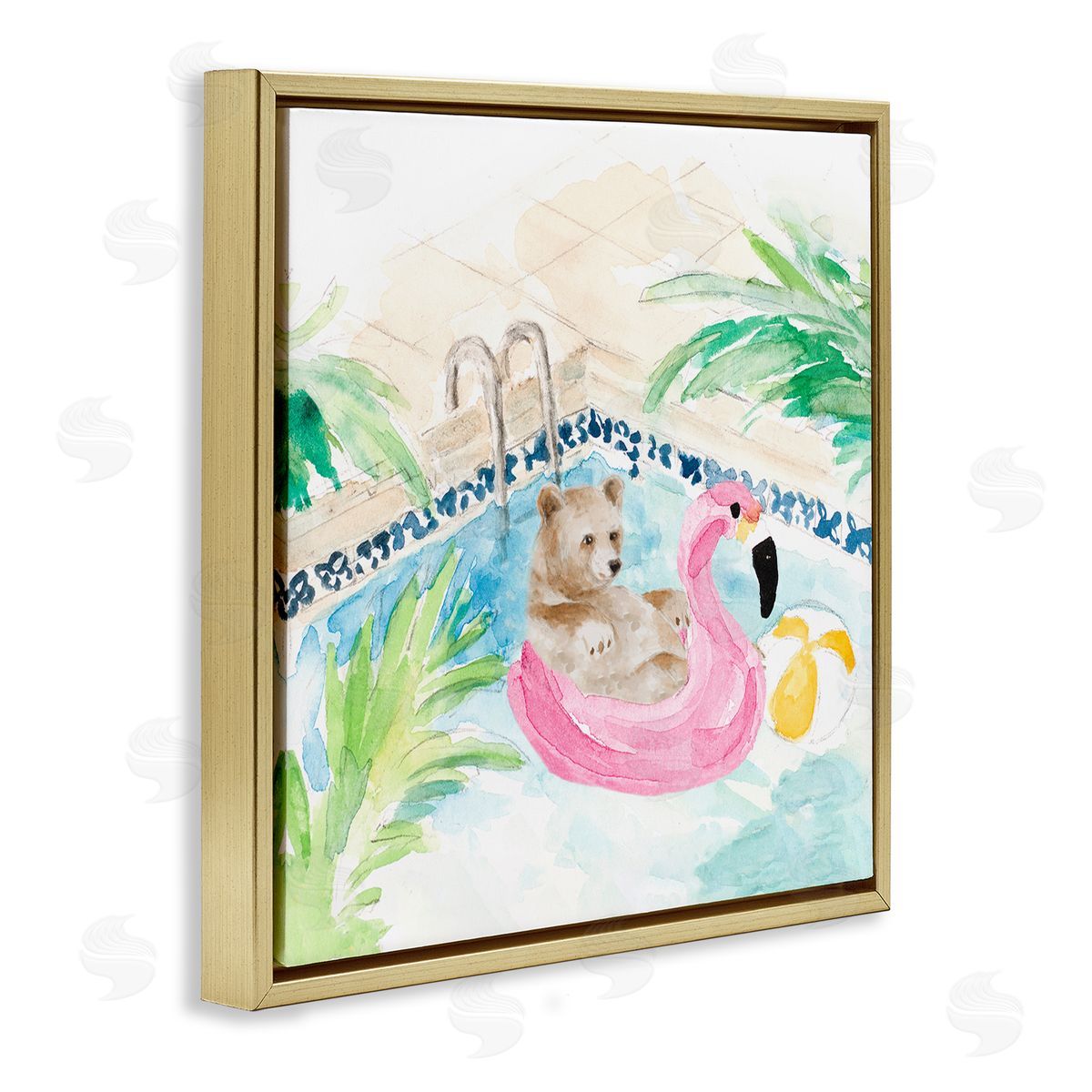 Lanie Loreth Bear Floating Summer Pool Lounging Gold Floating Frame Canvas Wall Art Print