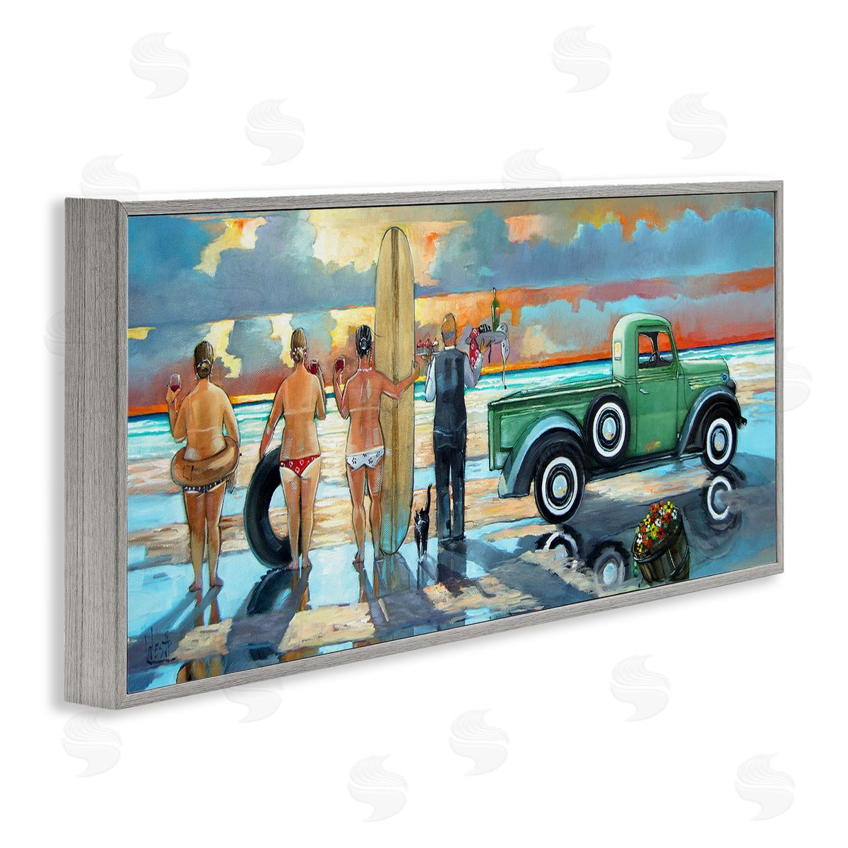 Butler Serving Beach Girls Scene Grey Frame Print Wall Art, Home Decor by Ronald West