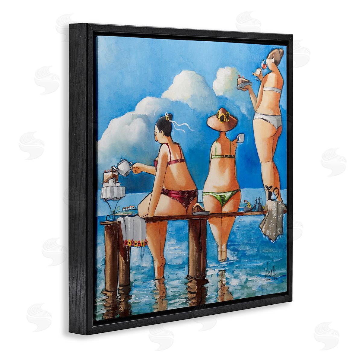 Whimsical Summer Beach Ladies Black Floating Frame Canvas Wall Art, Home Decor by Ronald West