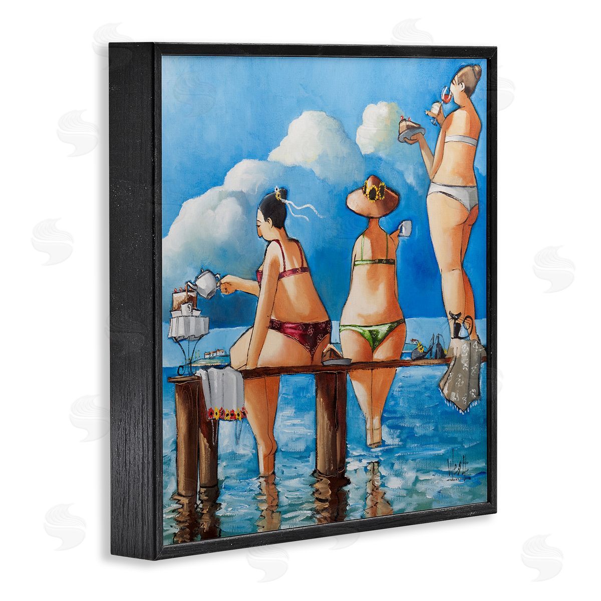 Whimsical Summer Beach Ladies Black Frame Print Wall Art, Home Decor by Ronald West