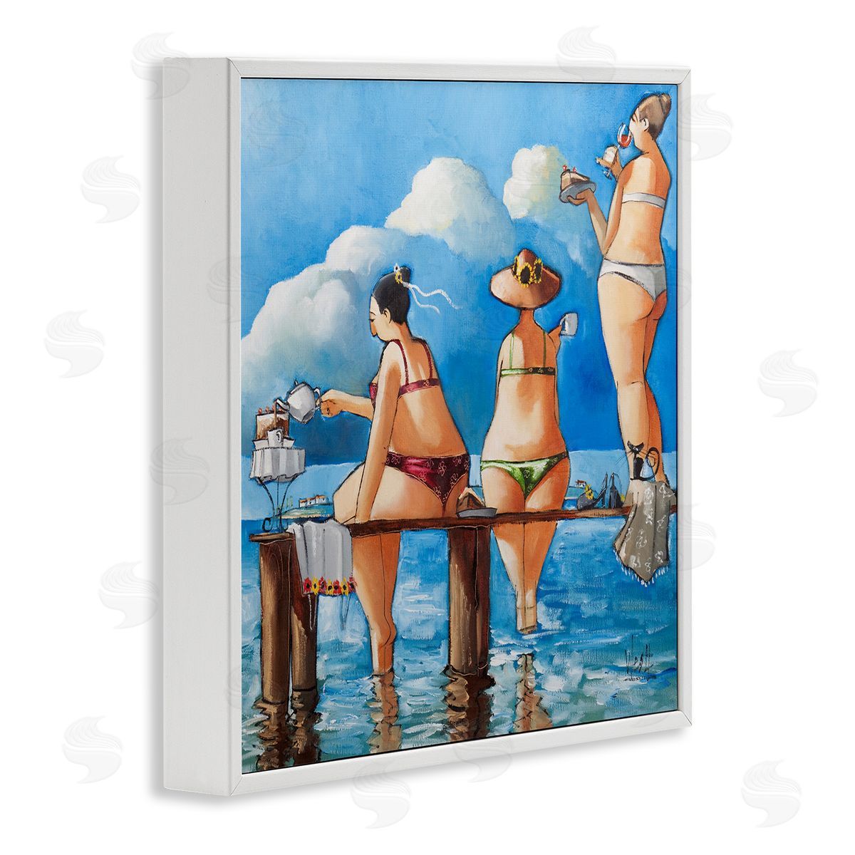 Whimsical Summer Beach Ladies White Frame Print Wall Art, Home Decor by Ronald West