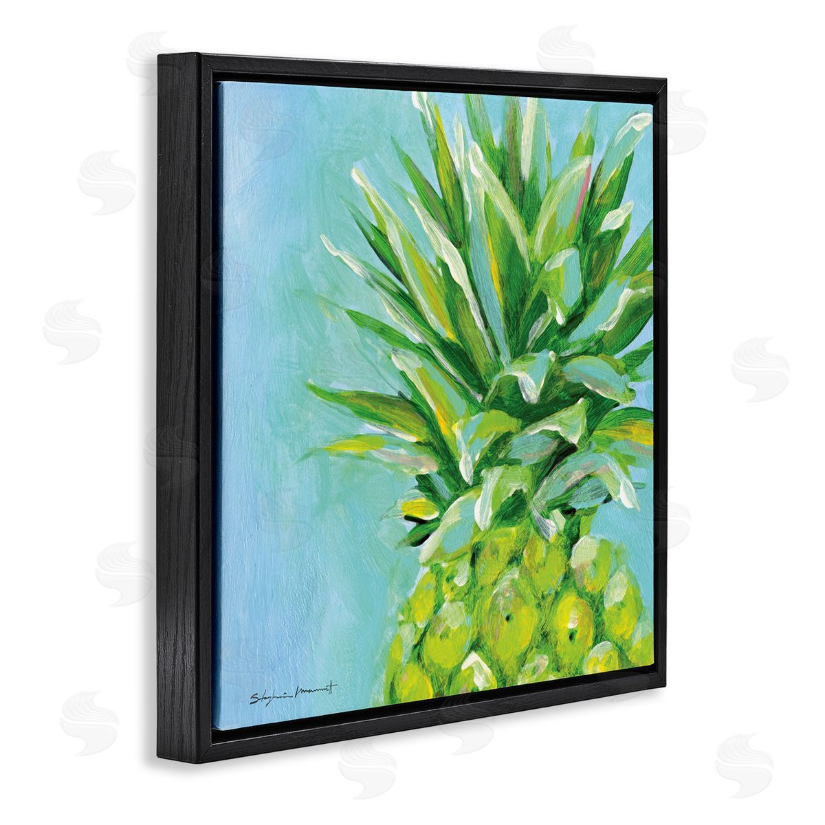 Tropical Pineapple on Blue Black Floating Frame Canvas Wall Art, Home Decor by Stephanie Workman Marrott