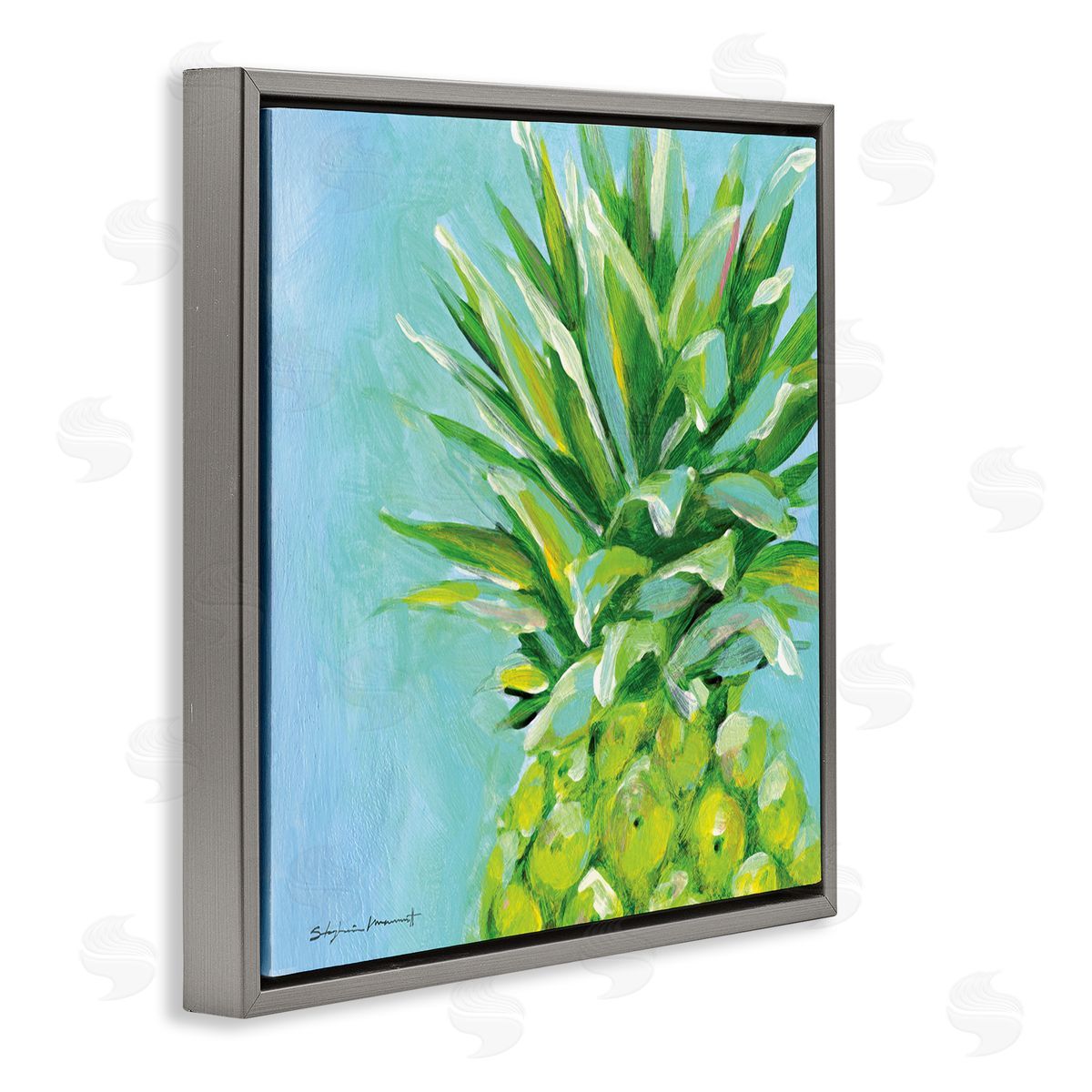 Tropical Pineapple on Blue Grey Floating Frame Canvas Wall Art, Home Decor by Stephanie Workman Marrott
