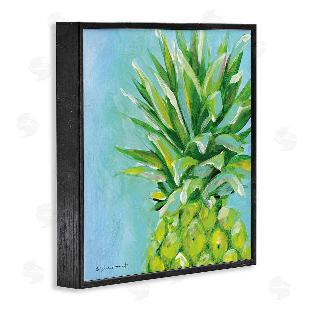 Tropical Pineapple on Blue Black Frame Print Wall Art, Home Decor by Stephanie Workman Marrott
