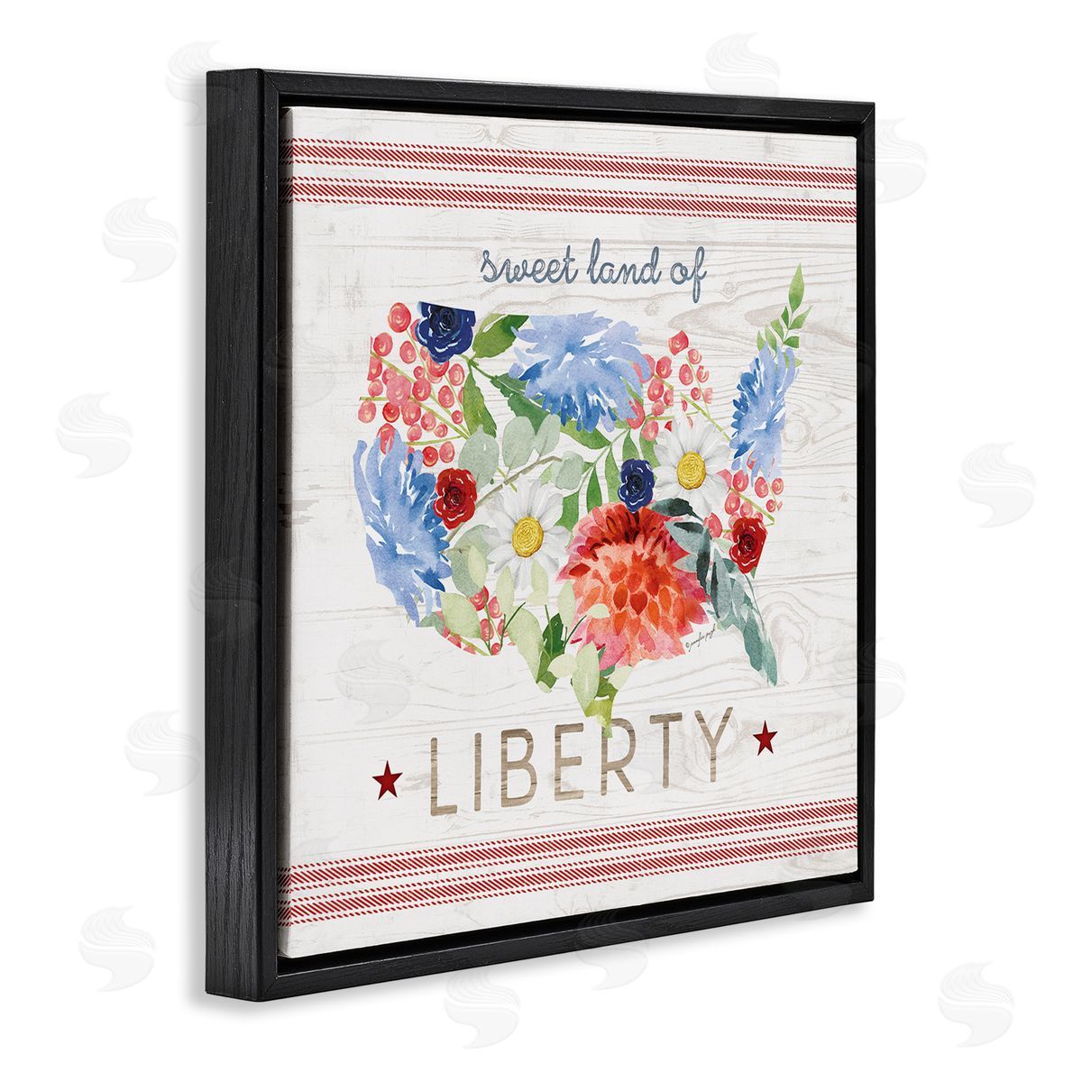 Jennifer Pugh Sweet Land Of Liberty Floral USA Black Floating Frame Canvas Wall Art Print
