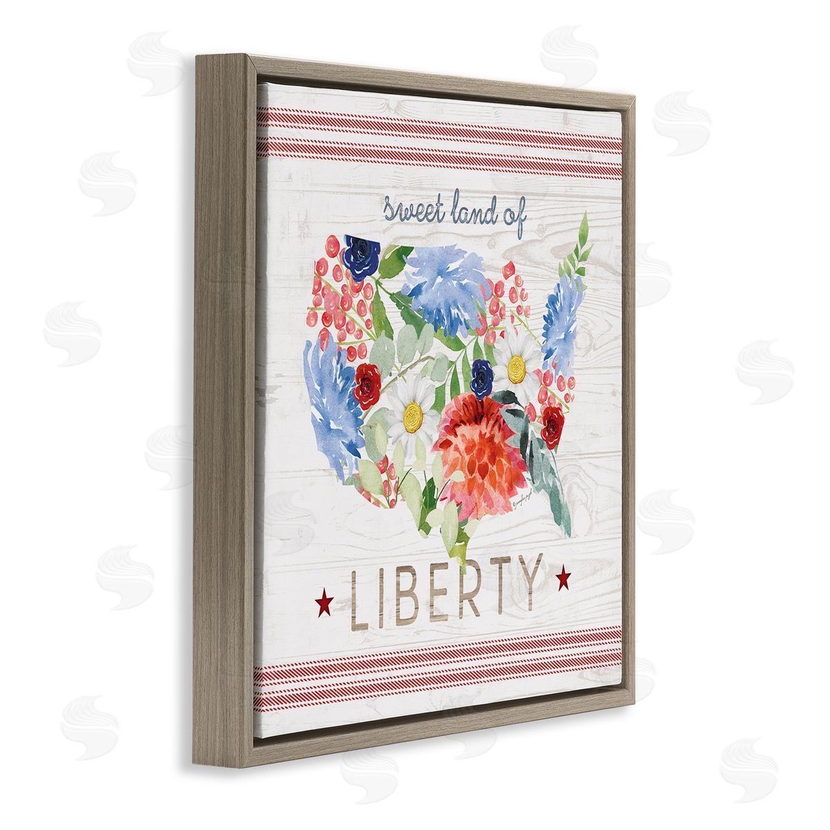 Jennifer Pugh Sweet Land Of Liberty Floral USA Brown Floating Frame Canvas Wall Art Print