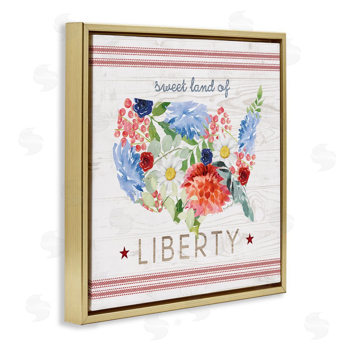 Jennifer Pugh Sweet Land Of Liberty Floral USA Gold Floating Frame Canvas Wall Art Print