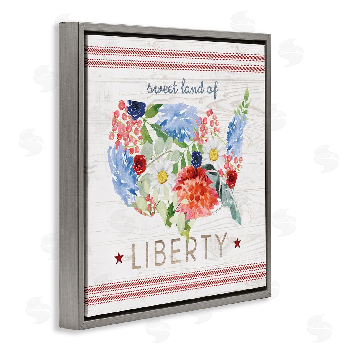 Jennifer Pugh Sweet Land Of Liberty Floral USA Gray Floating Frame Canvas Wall Art Print