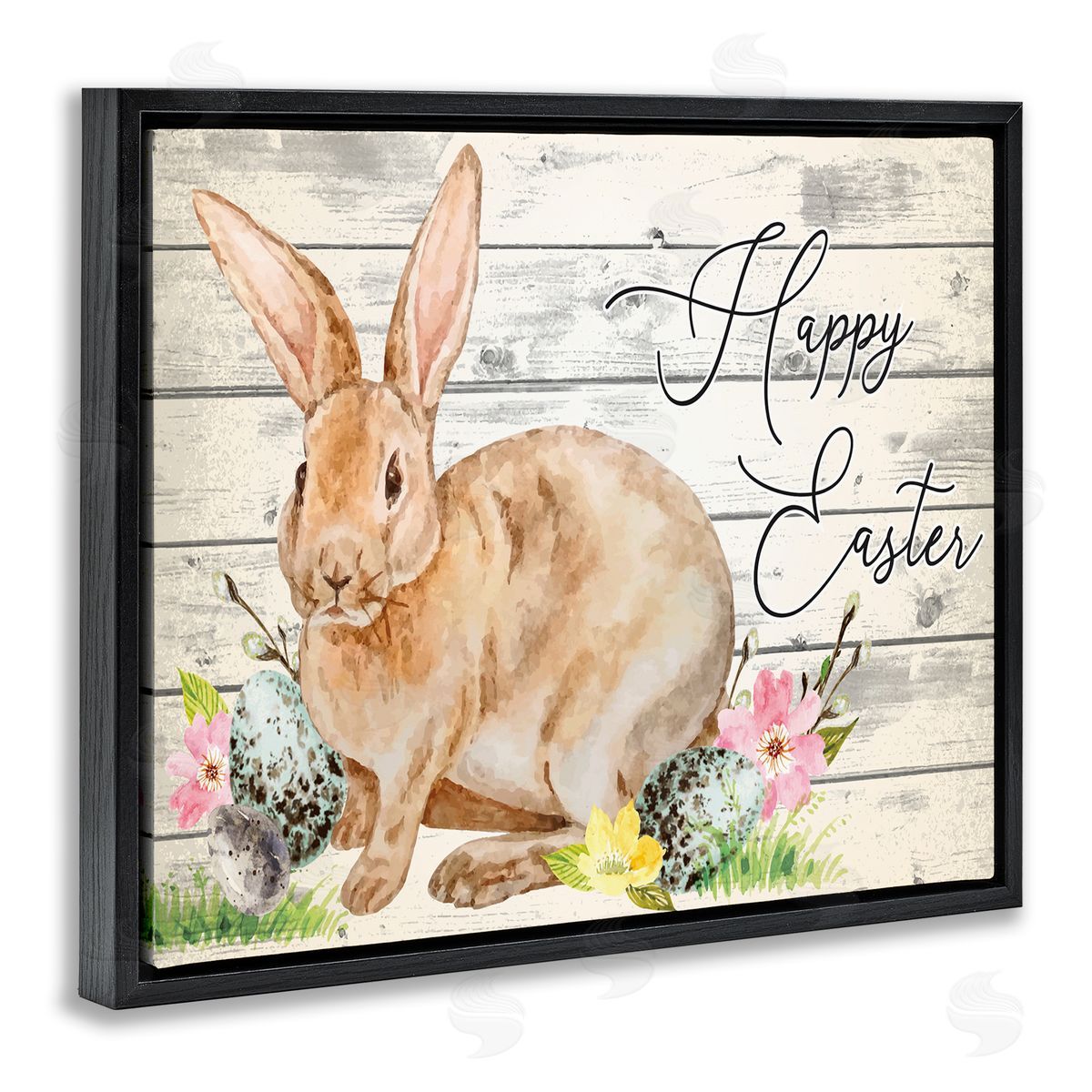 Spring Floral Happy Easter Bunny Black Floating Frame Canvas Wall Art, Home Decor by ND Art