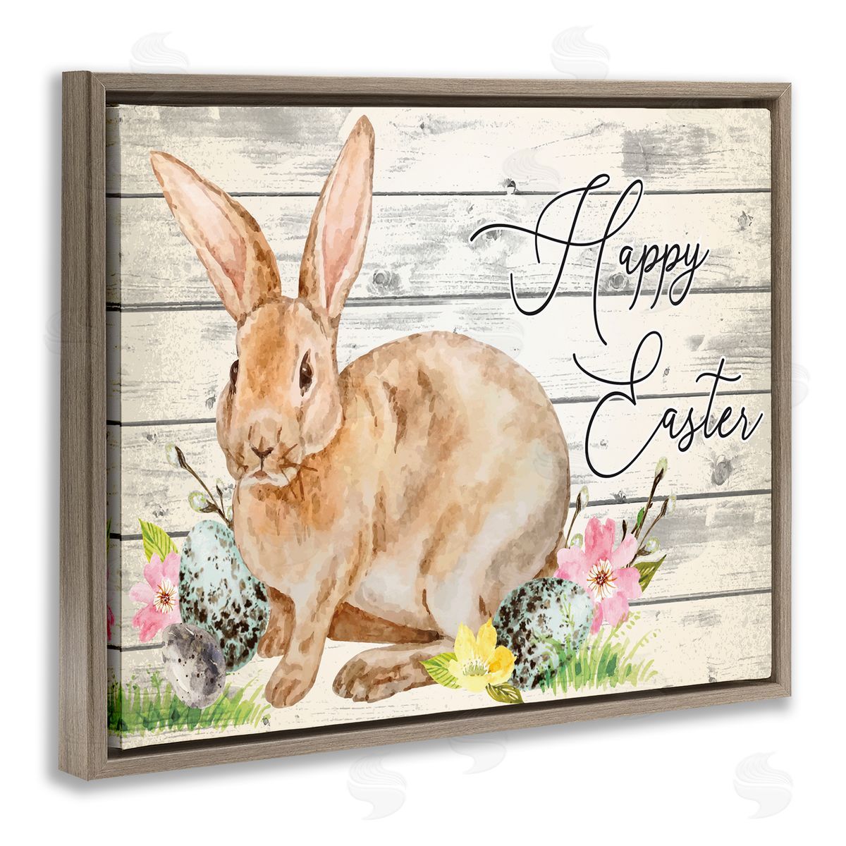 Spring Floral Happy Easter Bunny Brown Floating Frame Canvas Wall Art, Home Decor by ND Art