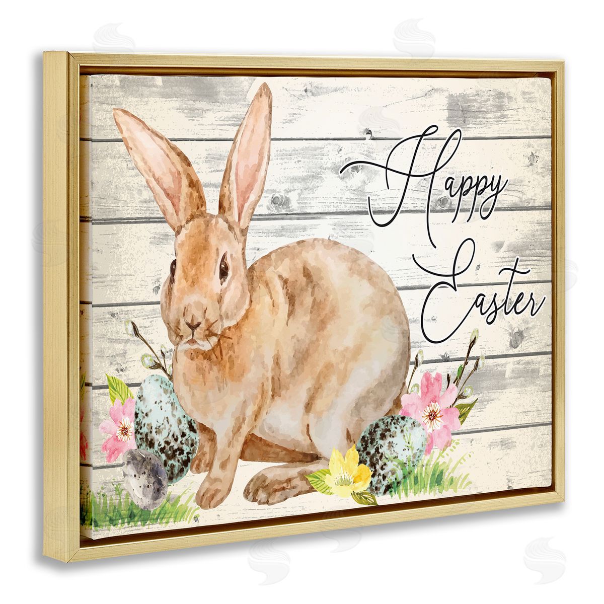 Spring Floral Happy Easter Bunny Gold Floating Frame Canvas Wall Art, Home Decor by ND Art