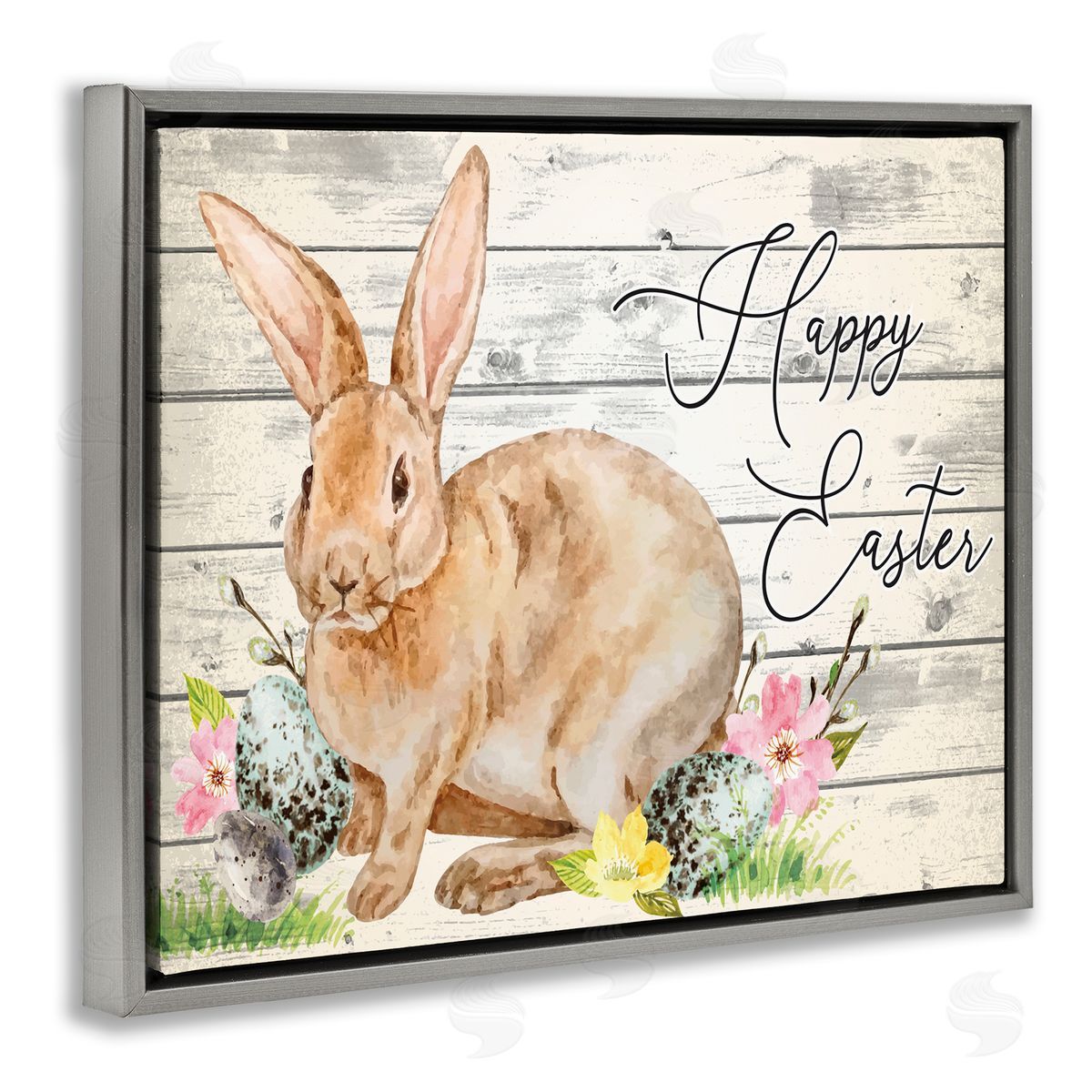 Spring Floral Happy Easter Bunny Grey Floating Frame Canvas Wall Art, Home Decor by ND Art