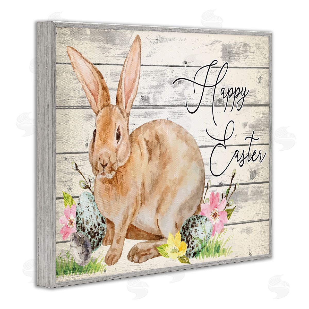 Spring Floral Happy Easter Bunny Grey Frame Print Wall Art, Home Decor by ND Art