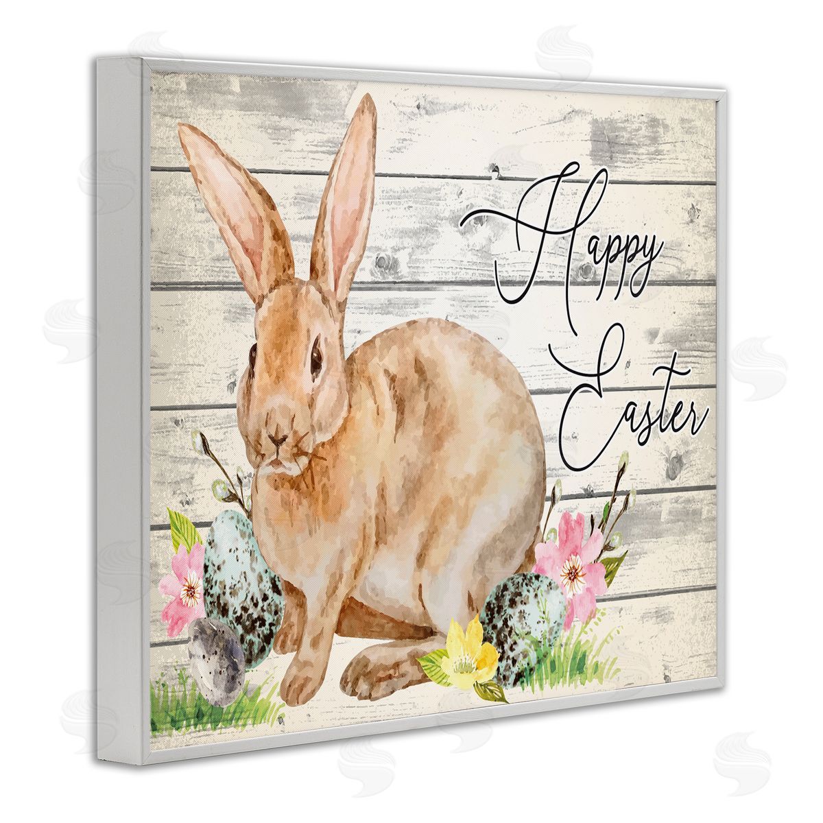 Spring Floral Happy Easter Bunny White Frame Print Wall Art, Home Decor by ND Art