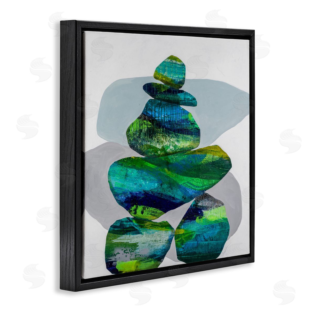 Ruth Fromstein Vivid Aqua Zen Balancing Rocks Black Floating Frame Canvas Wall Art Print