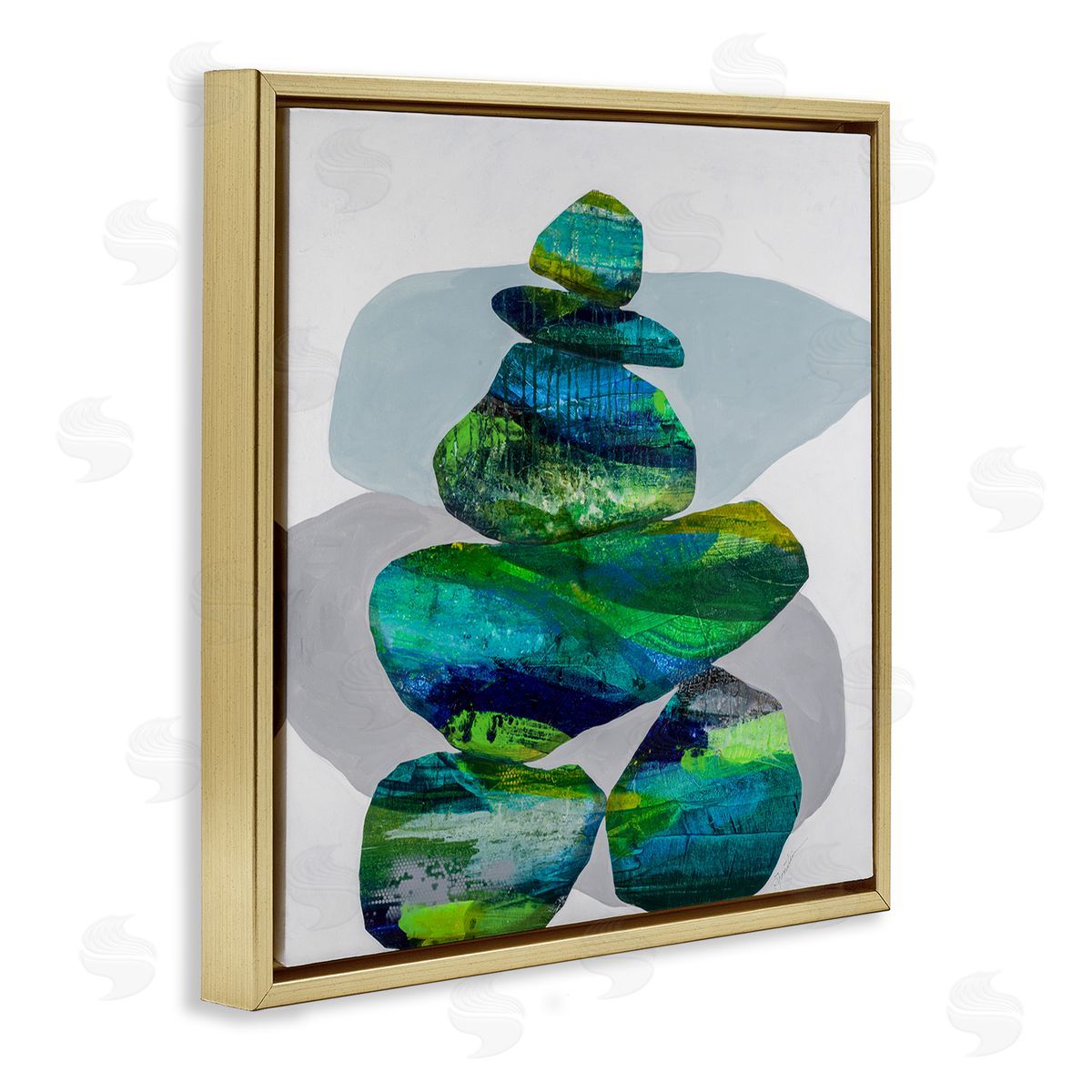 Ruth Fromstein Vivid Aqua Zen Balancing Rocks Gold Floating Frame Canvas Wall Art Print