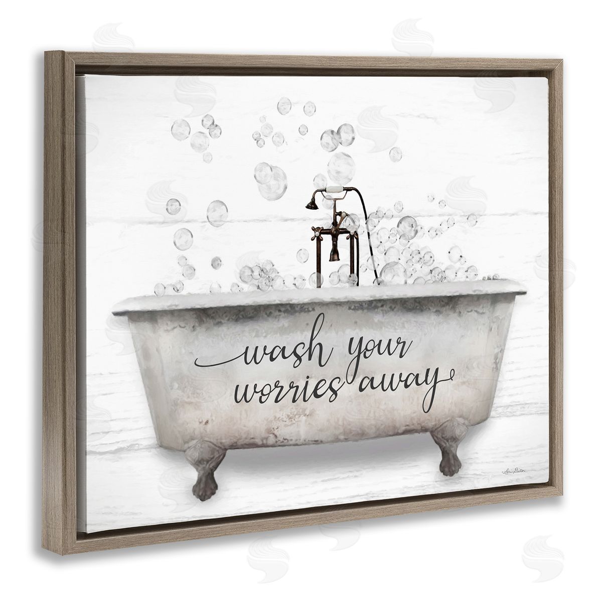 Wash Worries Away Tub Bubbles Brown Floating Frame Canvas Wall Art, Home Decor by Lori Deiter