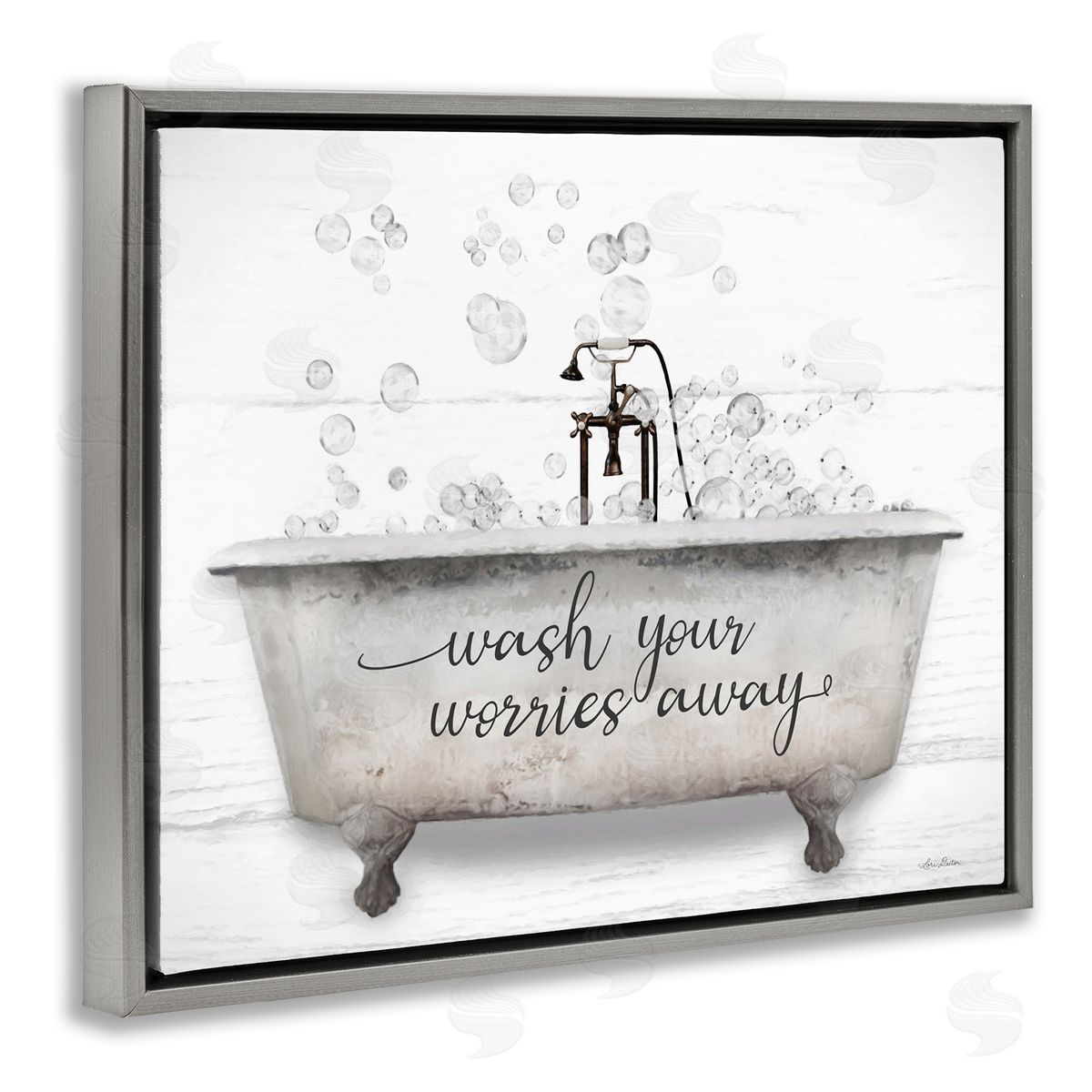 Wash Worries Away Tub Bubbles Grey Floating Frame Canvas Wall Art, Home Decor by Lori Deiter