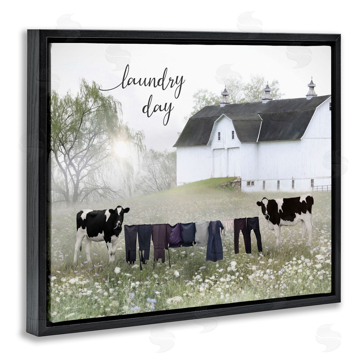 Laundry Day with Rural Cows Black Floating Frame Canvas Wall Art, Home Decor by Lori Deiter