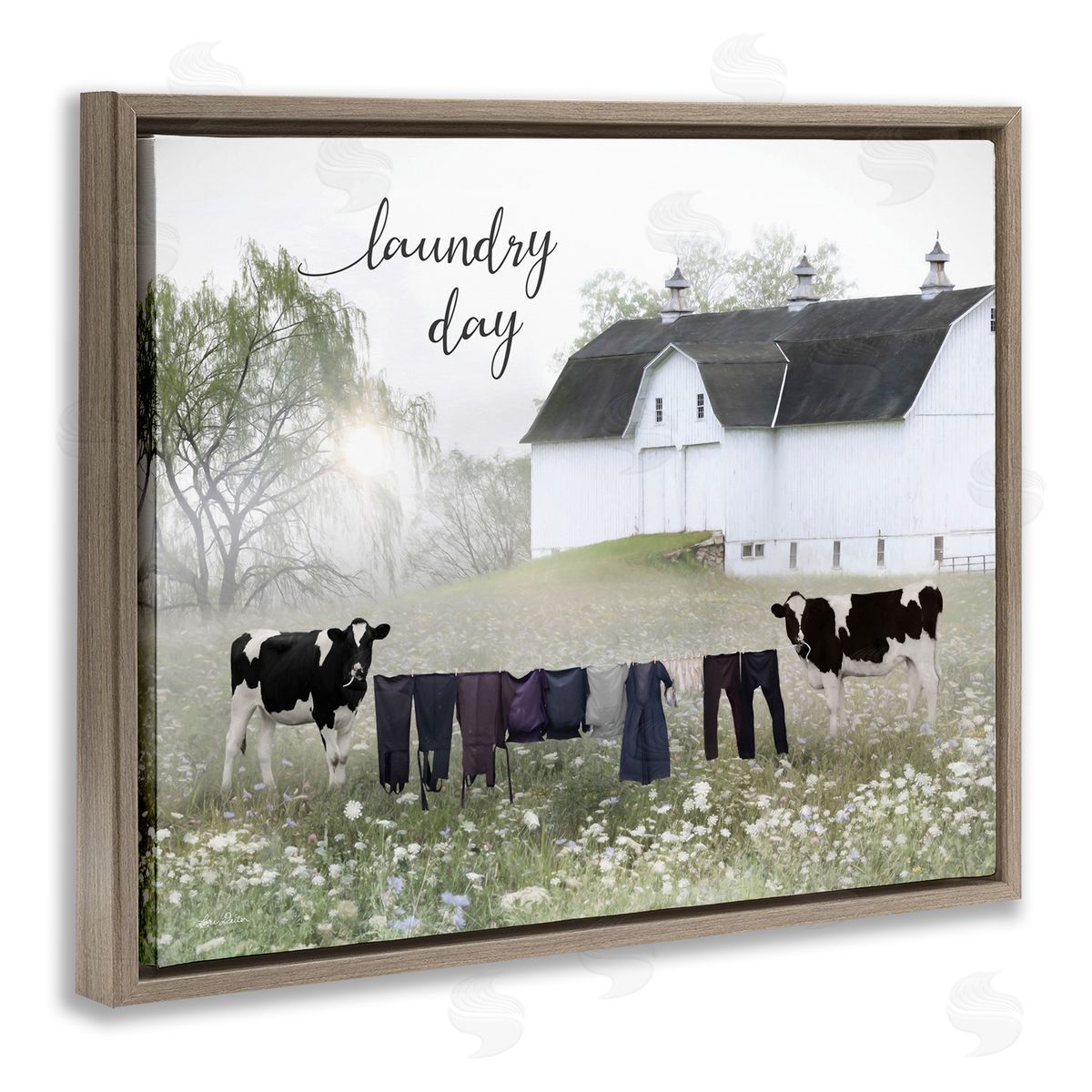 Laundry Day with Rural Cows Brown Floating Frame Canvas Wall Art, Home Decor by Lori Deiter