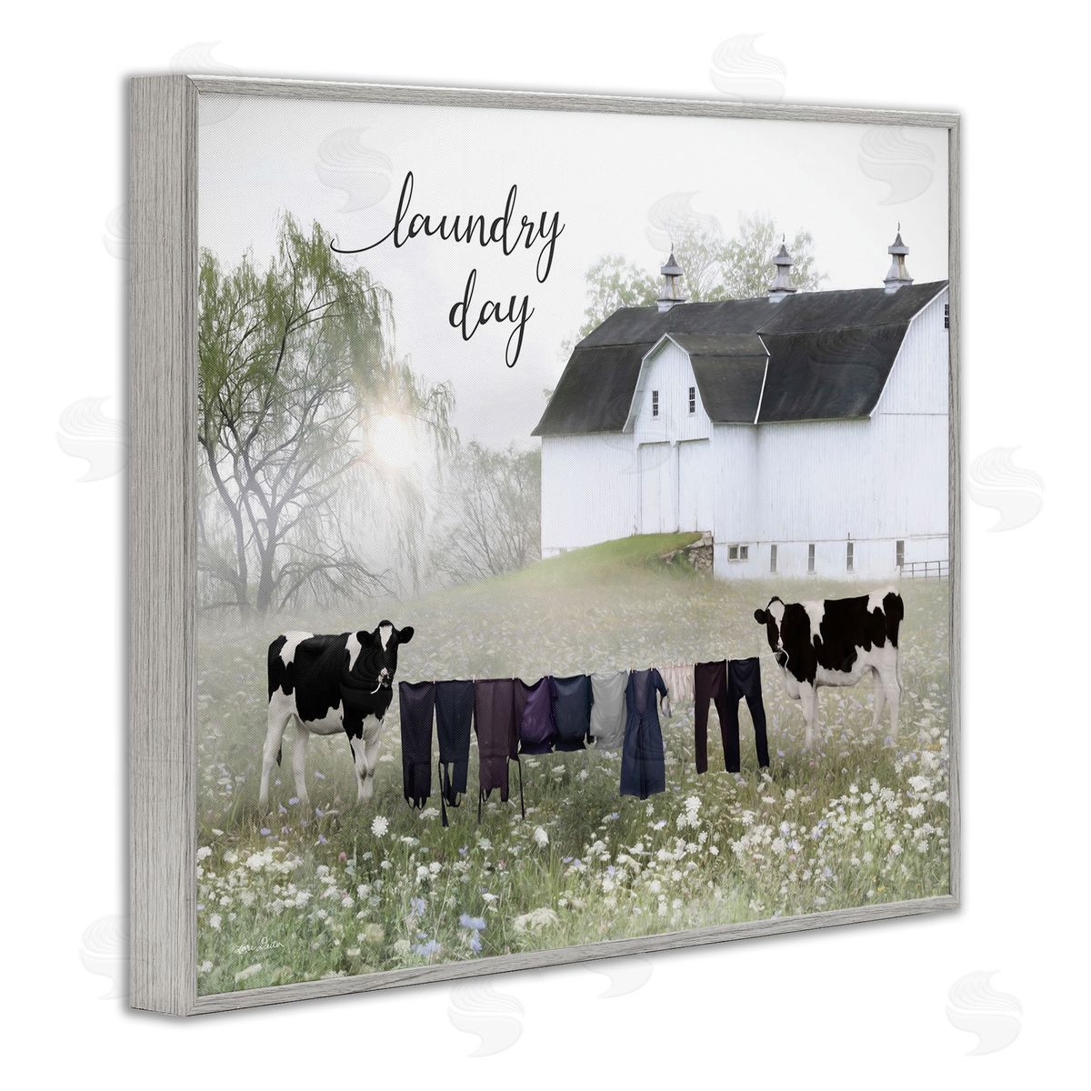 Laundry Day with Rural Cows Grey Frame Print Wall Art, Home Decor by Lori Deiter