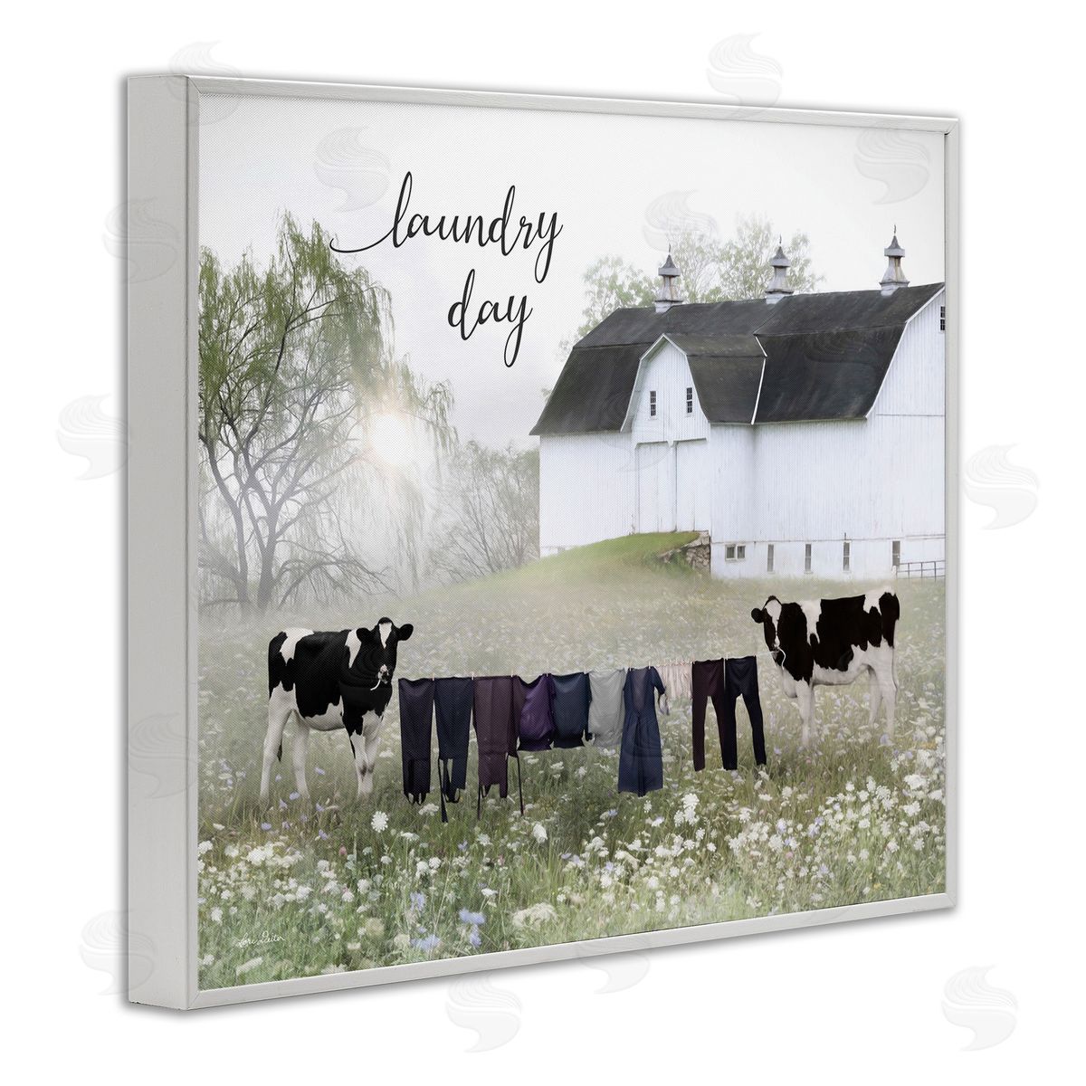 Laundry Day with Rural Cows White Frame Print Wall Art, Home Decor by Lori Deiter