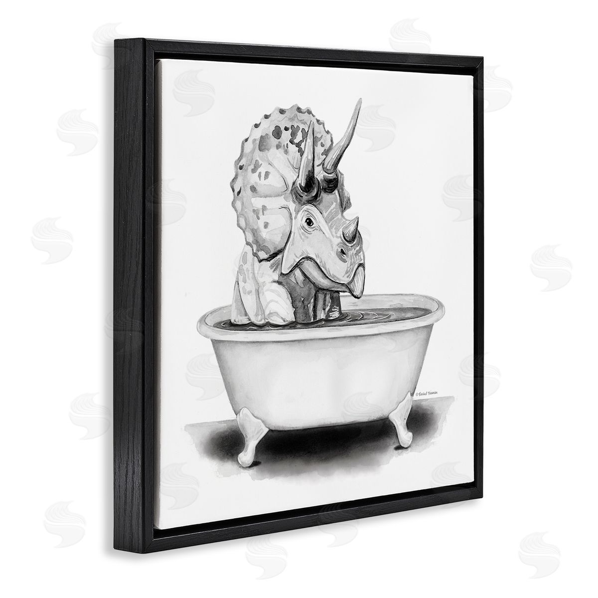Rachel Nieman Funny Dinosaur Bathing Tub Black Floating Frame Canvas Wall Art Print