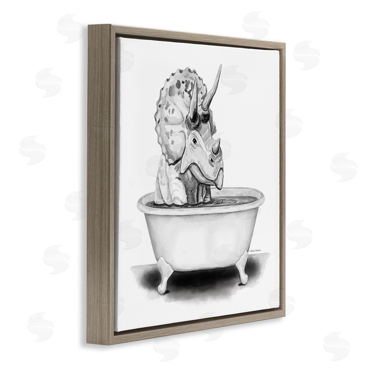 Rachel Nieman Funny Dinosaur Bathing Tub Brown Floating Frame Canvas Wall Art Print
