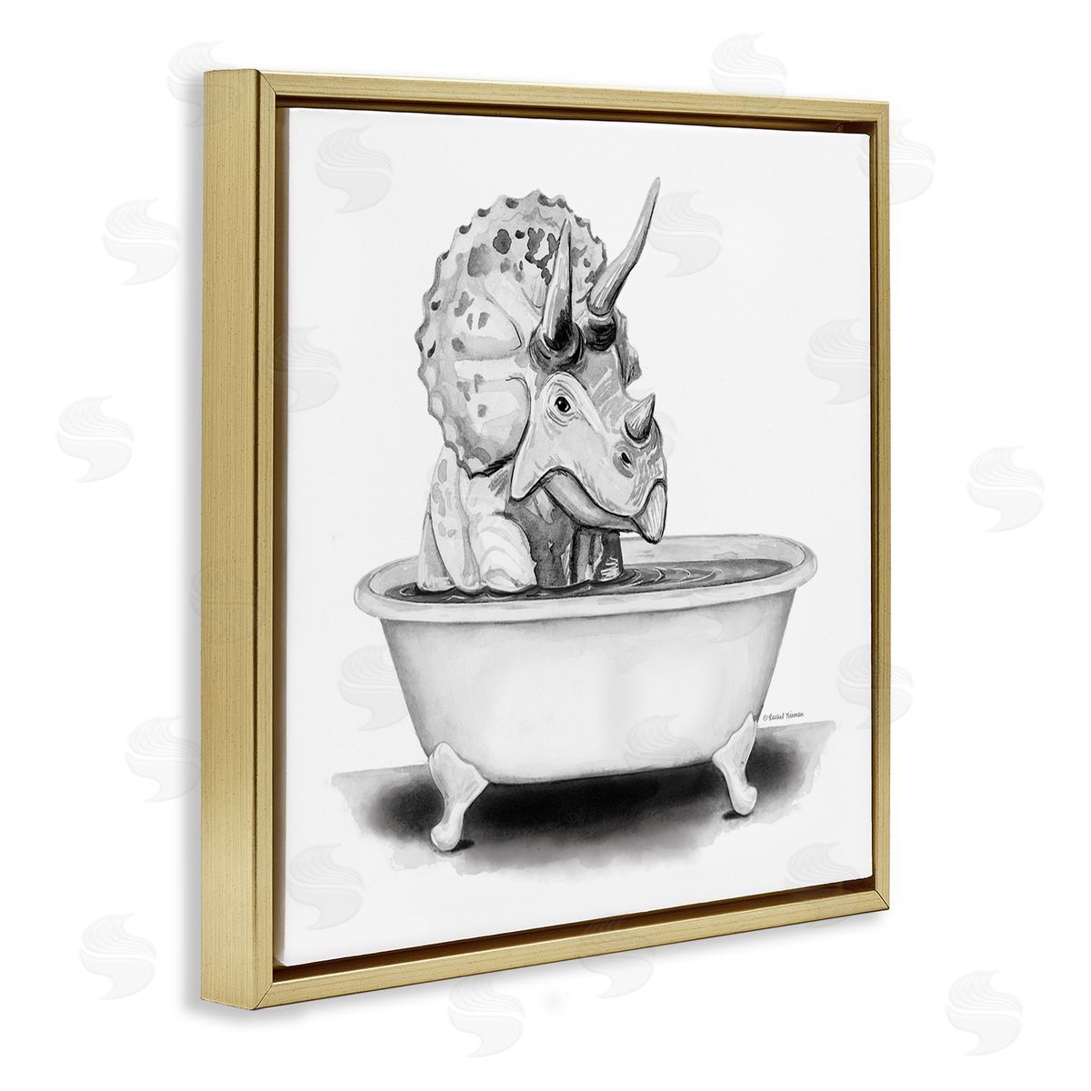 Rachel Nieman Funny Dinosaur Bathing Tub Gold Floating Frame Canvas Wall Art Print