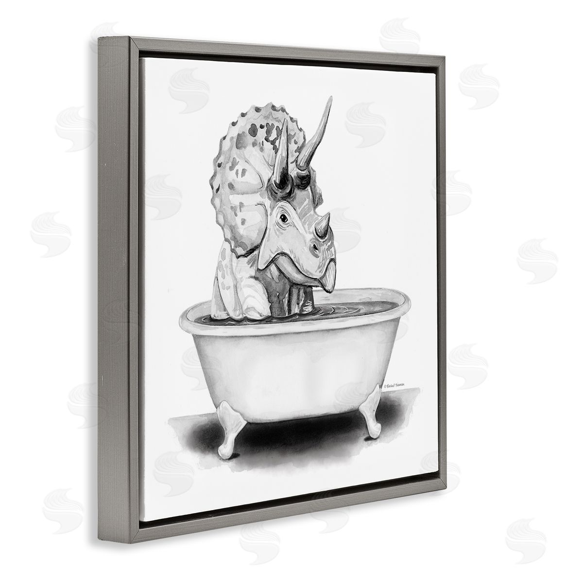 Rachel Nieman Funny Dinosaur Bathing Tub Gray Floating Frame Canvas Wall Art Print