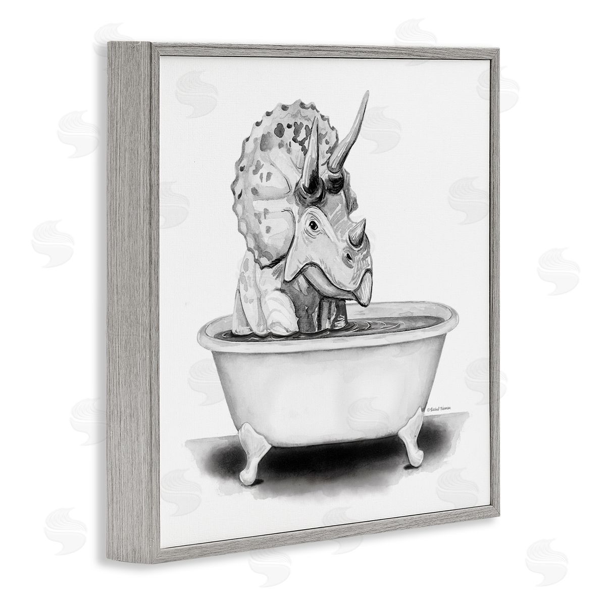 Rachel Nieman Funny Dinosaur Bathing Tub Gray Framed Glicee Wall Art Print