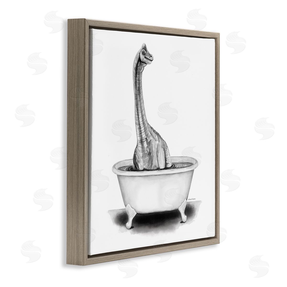 Rachel Nieman Dinosaur Vintage Bathroom Tub  Brown Floating Frame Canvas Wall Art Print
