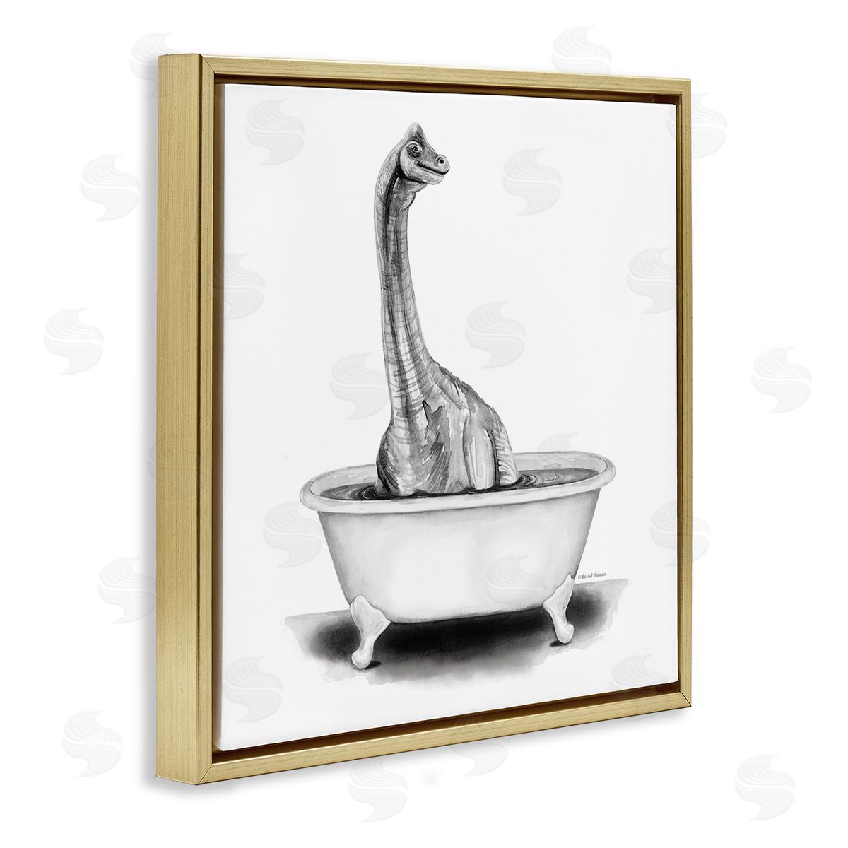 Rachel Nieman Dinosaur Vintage Bathroom Tub  Gold Floating Frame Canvas Wall Art Print