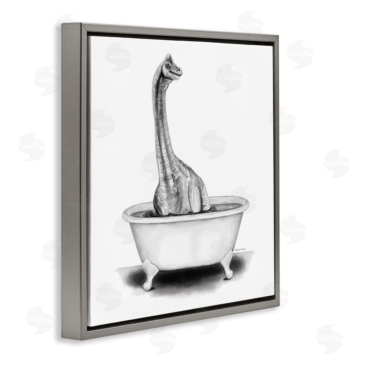 Rachel Nieman Dinosaur Vintage Bathroom Tub  Gray Floating Frame Canvas Wall Art Print