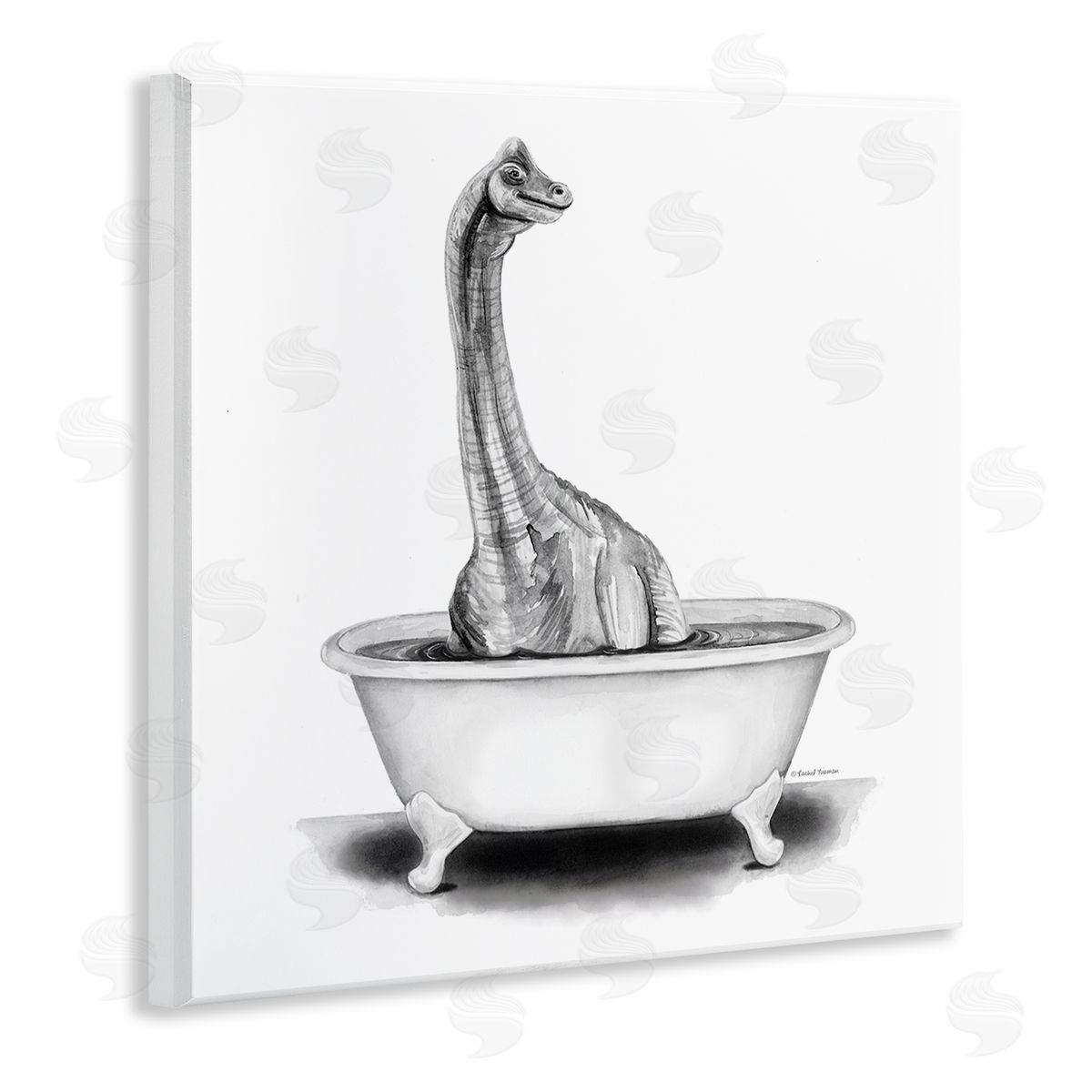 Rachel Nieman Dinosaur Vintage Bathroom Tub  Wooden Wall Plaque Art Print