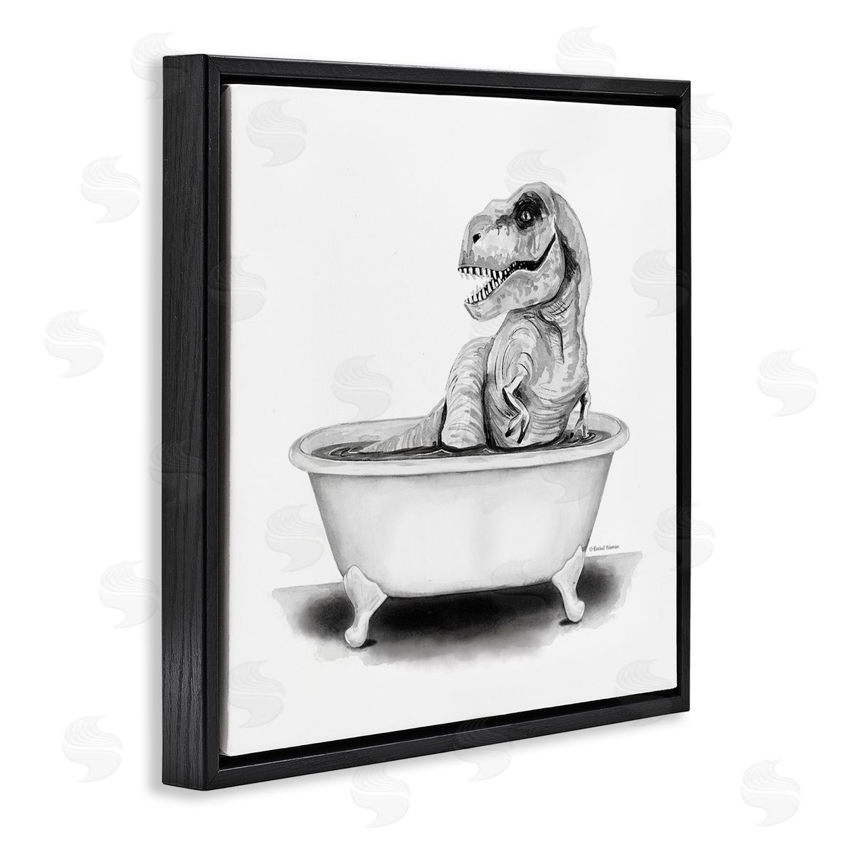 Funny T-Rex Bathtub Washroom Black Floating Frame Canvas Wall Art, Home Decor by Rachel Nieman