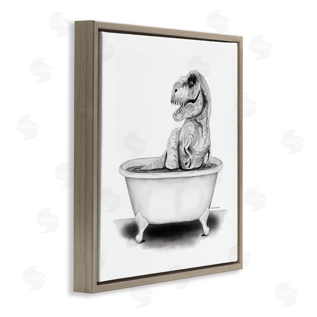 Funny T-Rex Bathtub Washroom Brown Floating Frame Canvas Wall Art, Home Decor by Rachel Nieman