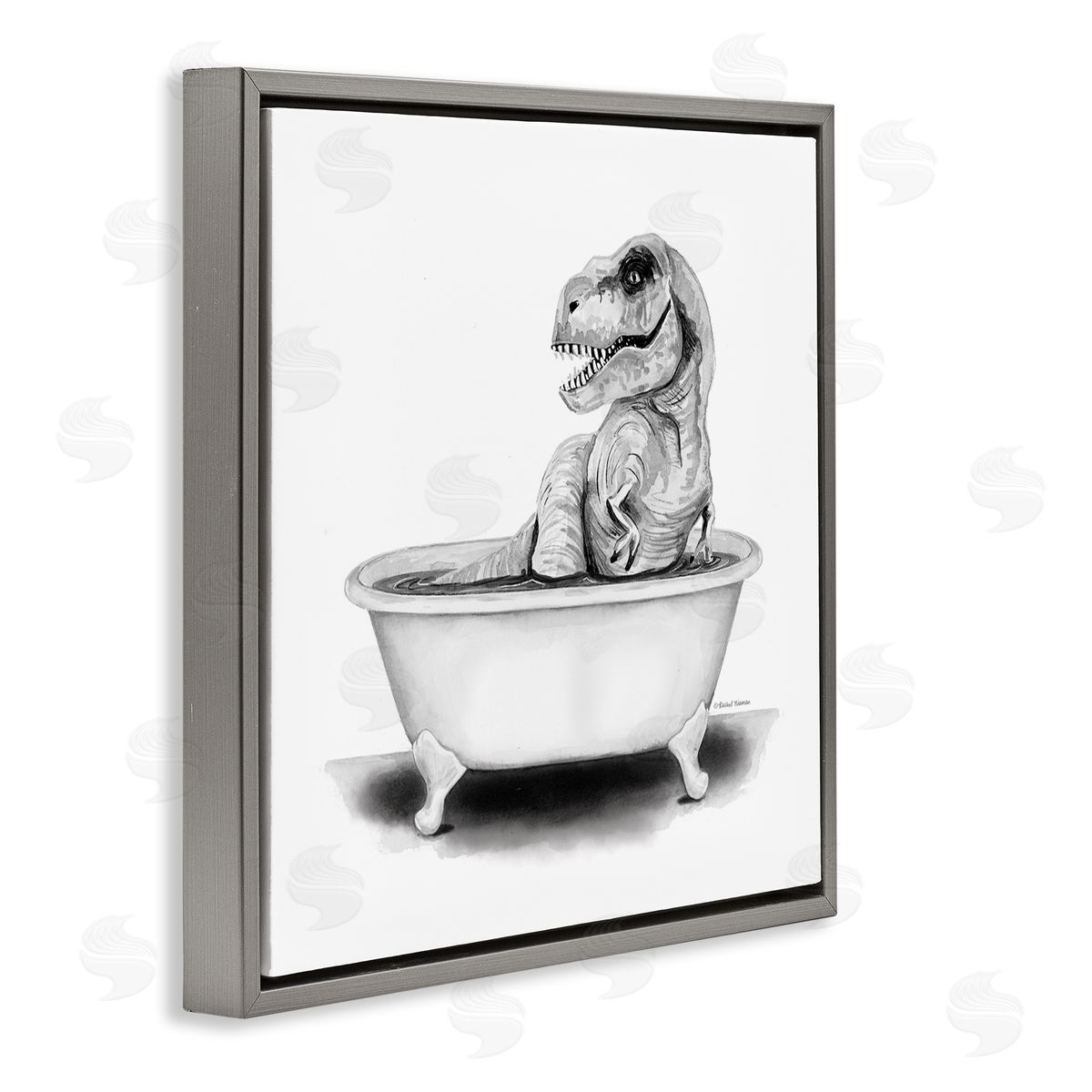 Funny T-Rex Bathtub Washroom Grey Floating Frame Canvas Wall Art, Home Decor by Rachel Nieman