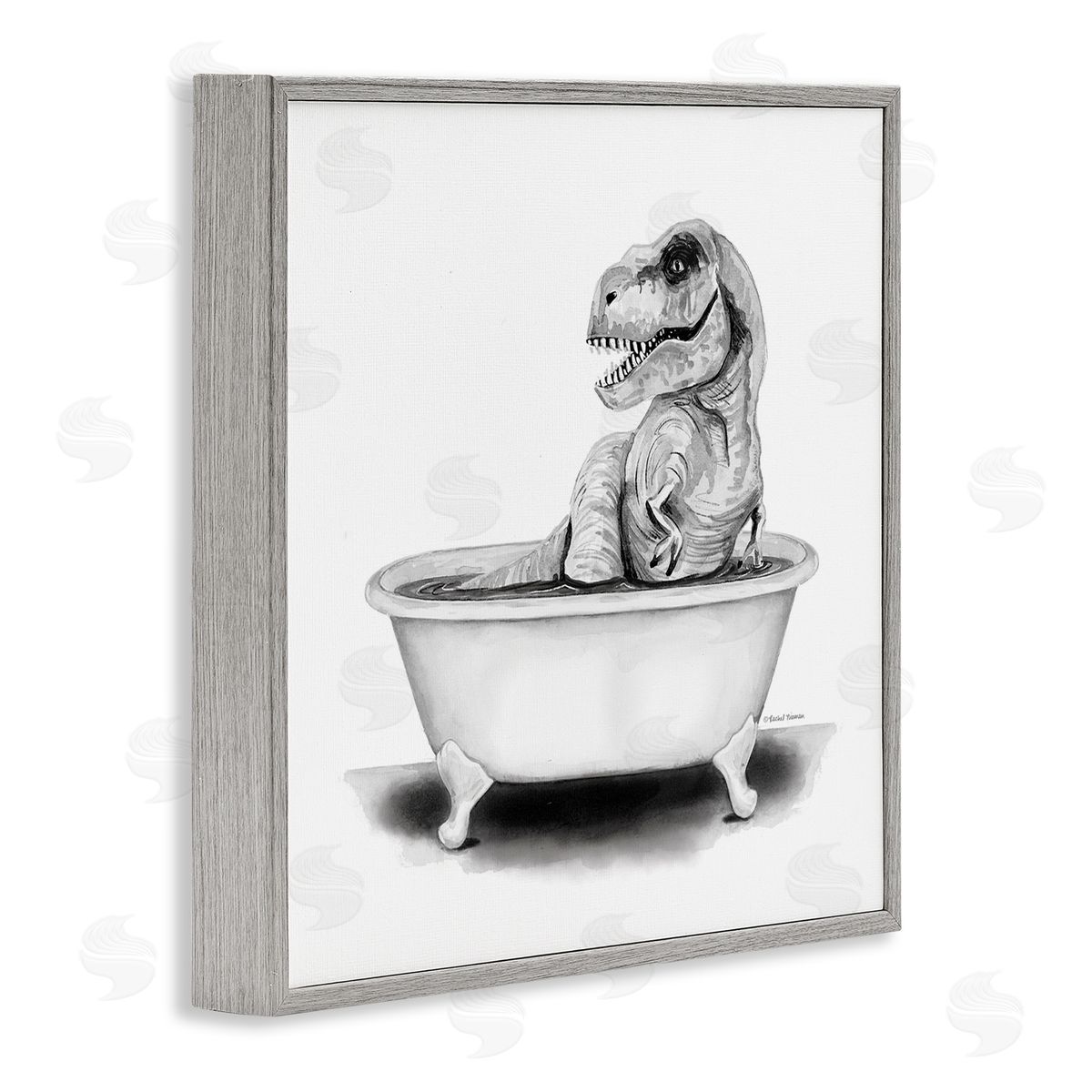 Funny T-Rex Bathtub Washroom Grey Frame Print Wall Art, Home Decor by Rachel Nieman