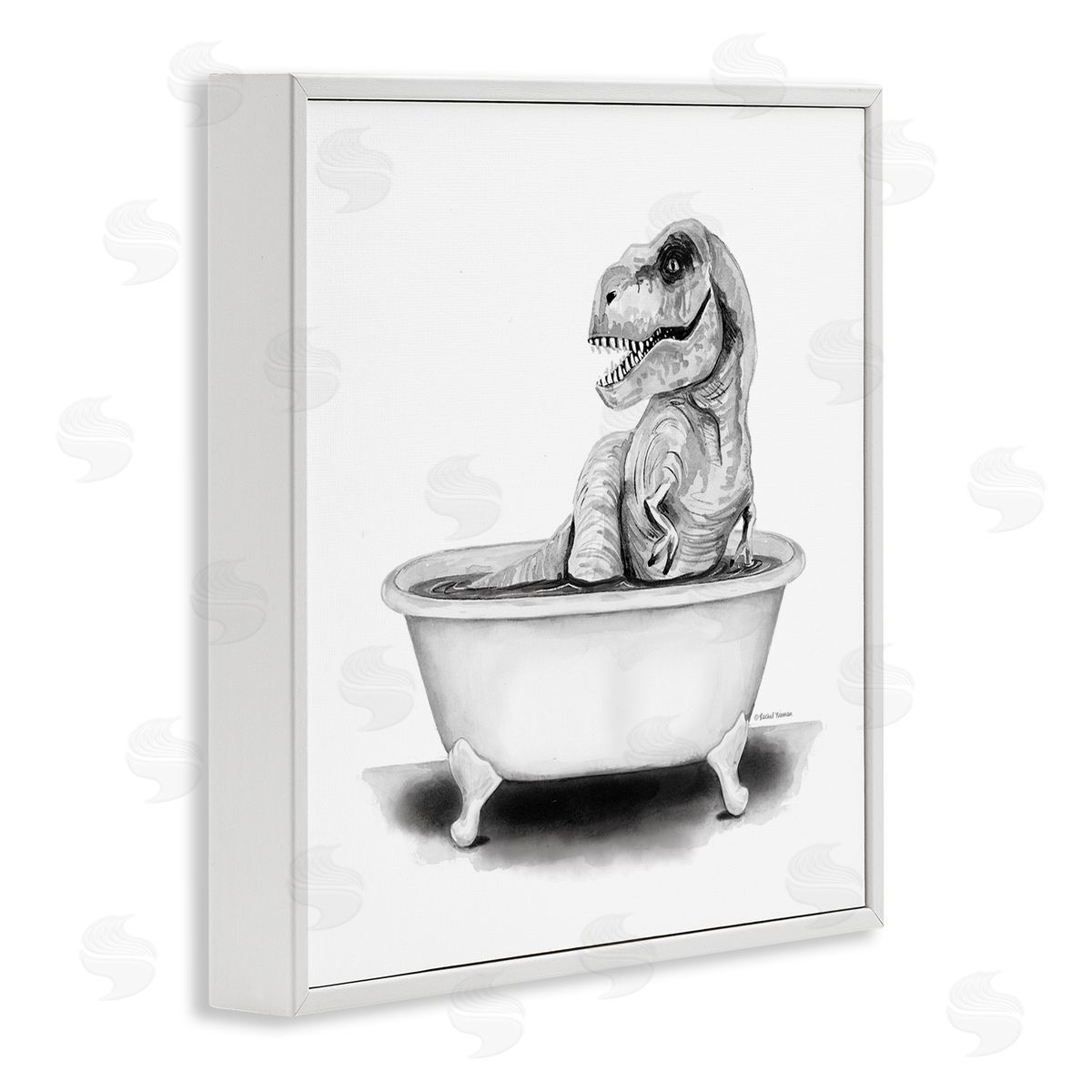 Funny T-Rex Bathtub Washroom White Frame Print Wall Art, Home Decor by Rachel Nieman