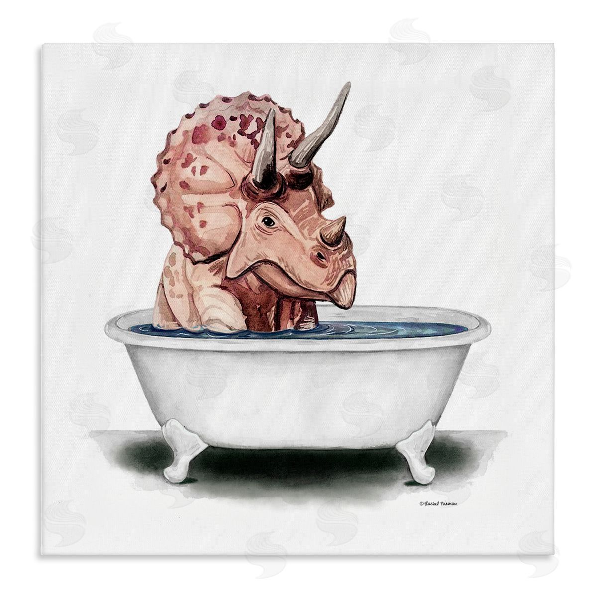 Rachel Nieman Triceratops Bathroom Dinosaur Tub Stretched Canvas Wall Art Print