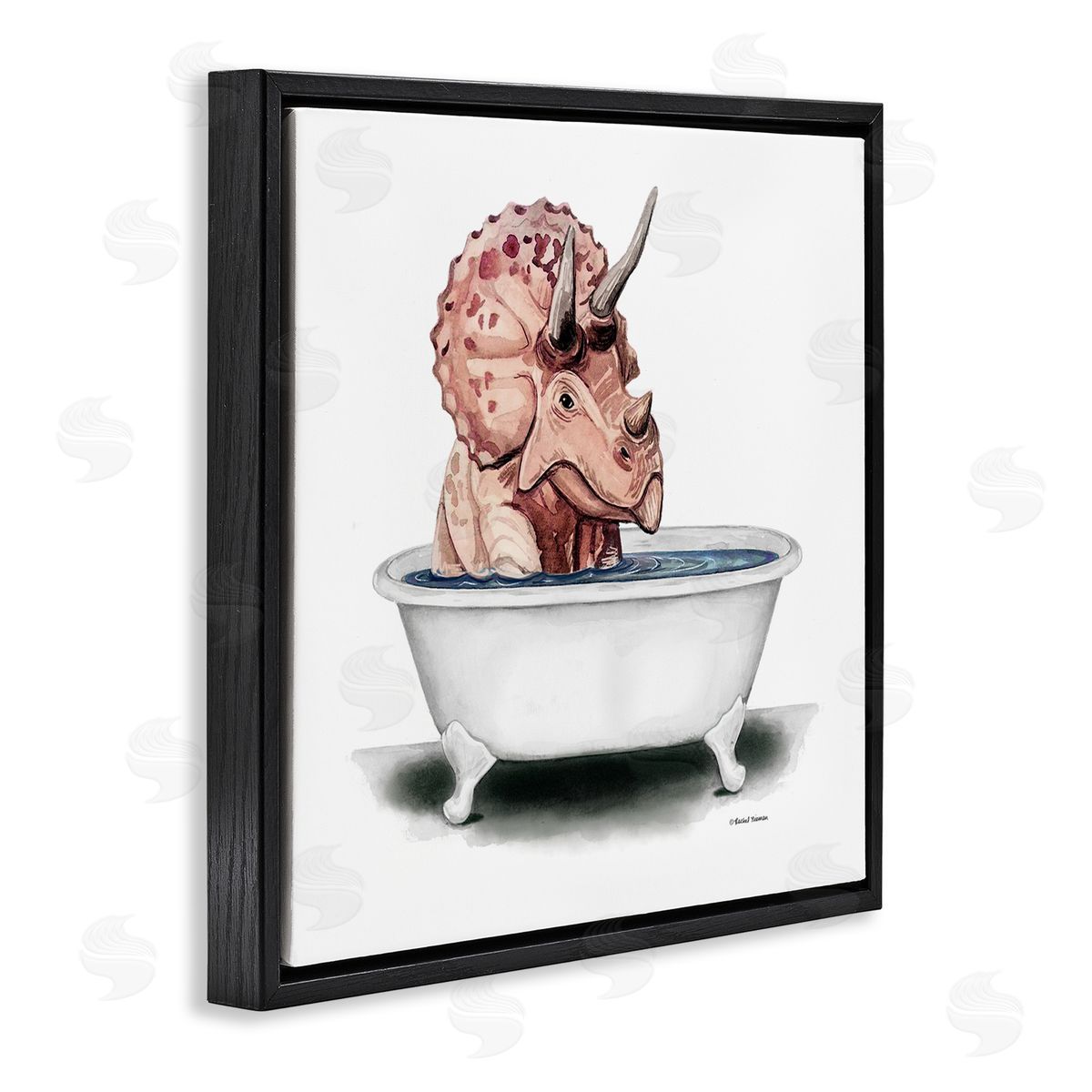 Rachel Nieman Triceratops Bathroom Dinosaur Tub Black Floating Frame Canvas Wall Art Print
