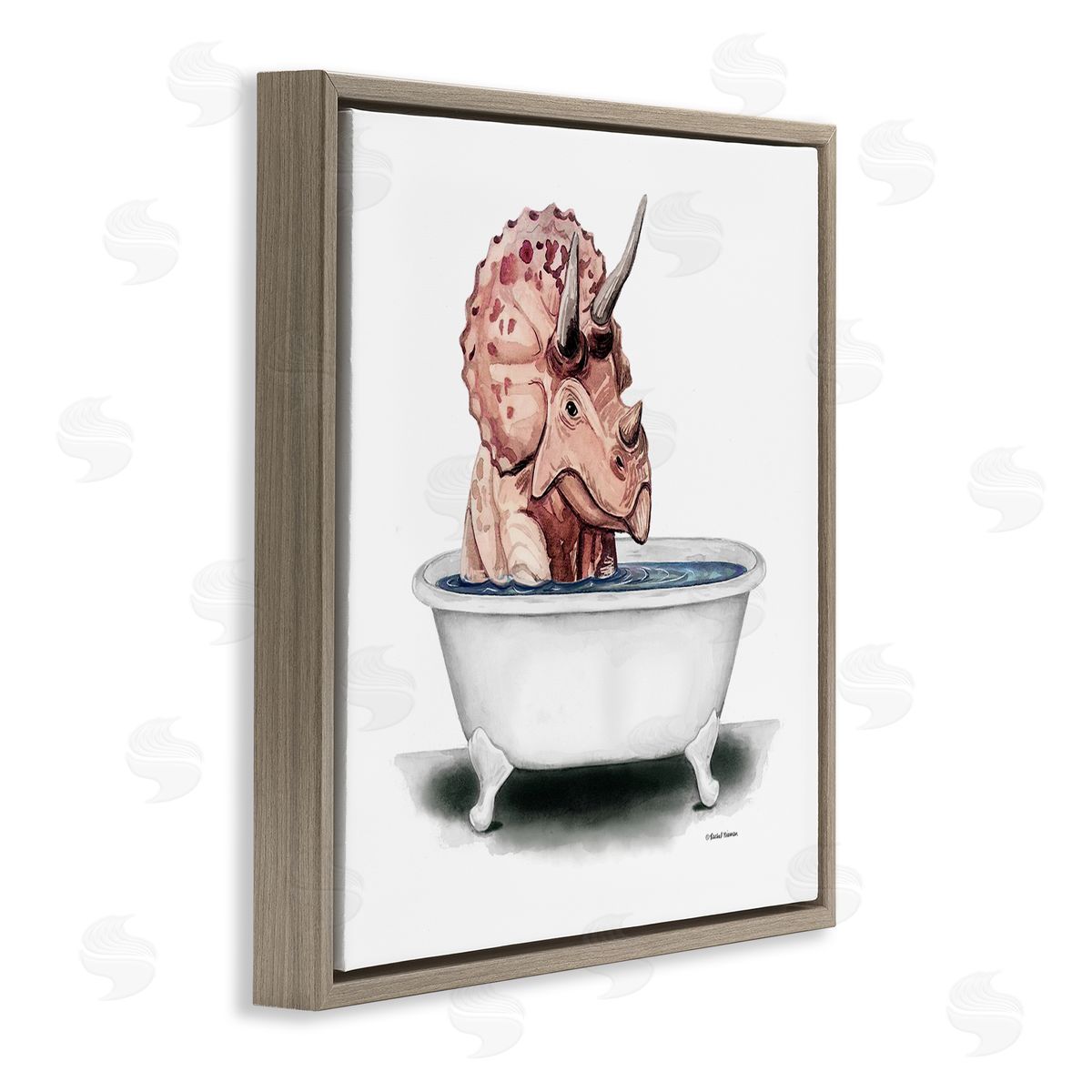 Rachel Nieman Triceratops Bathroom Dinosaur Tub Brown Floating Frame Canvas Wall Art Print