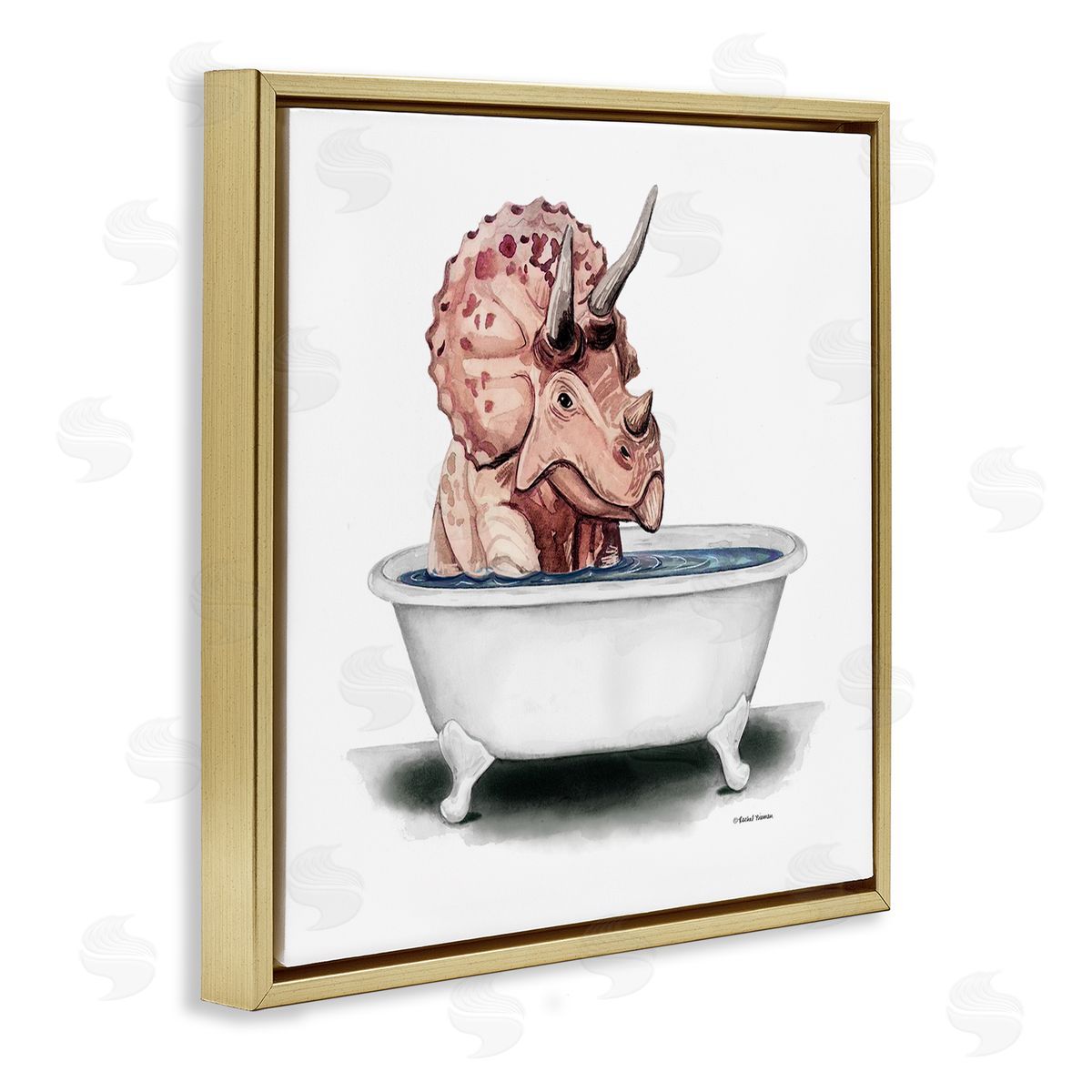 Rachel Nieman Triceratops Bathroom Dinosaur Tub Gold Floating Frame Canvas Wall Art Print
