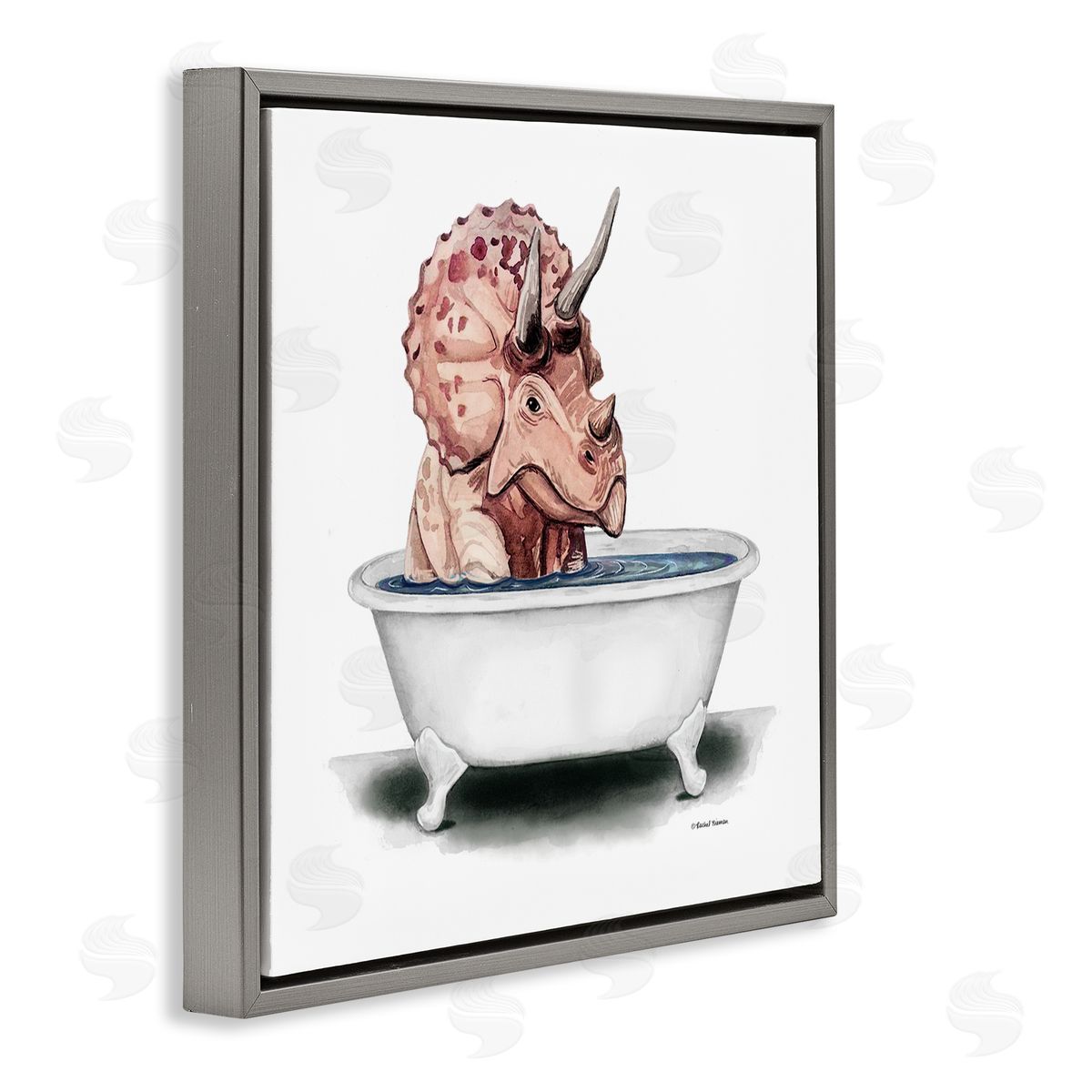 Rachel Nieman Triceratops Bathroom Dinosaur Tub Gray Floating Frame Canvas Wall Art Print